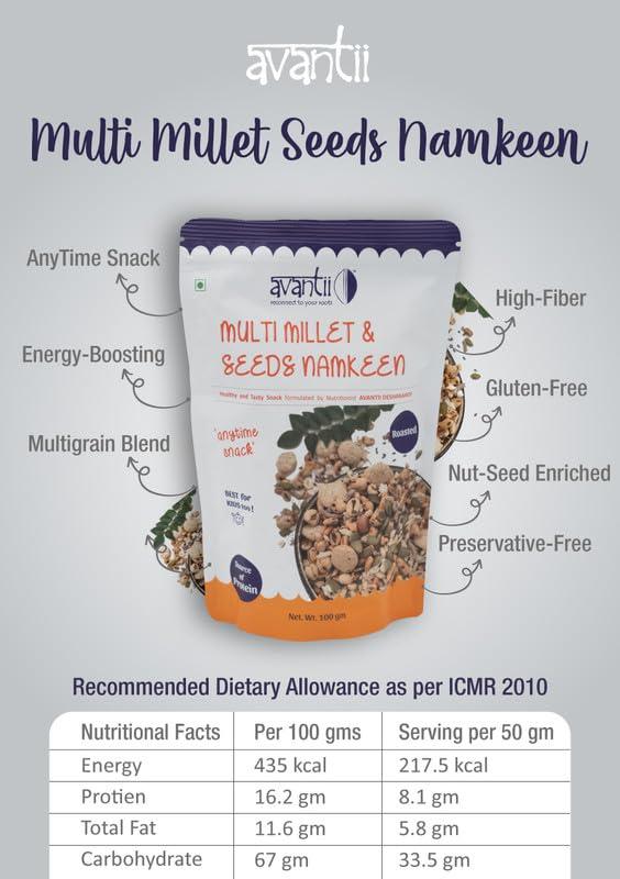 avantii reconnect to your roots Avantii Multi Millet & Seeds Namkeen 100g Pack is a Good Recipe For an AnyTime Snack. Be it a Quick Morning Evening Snacks 100g (Pack of 3)