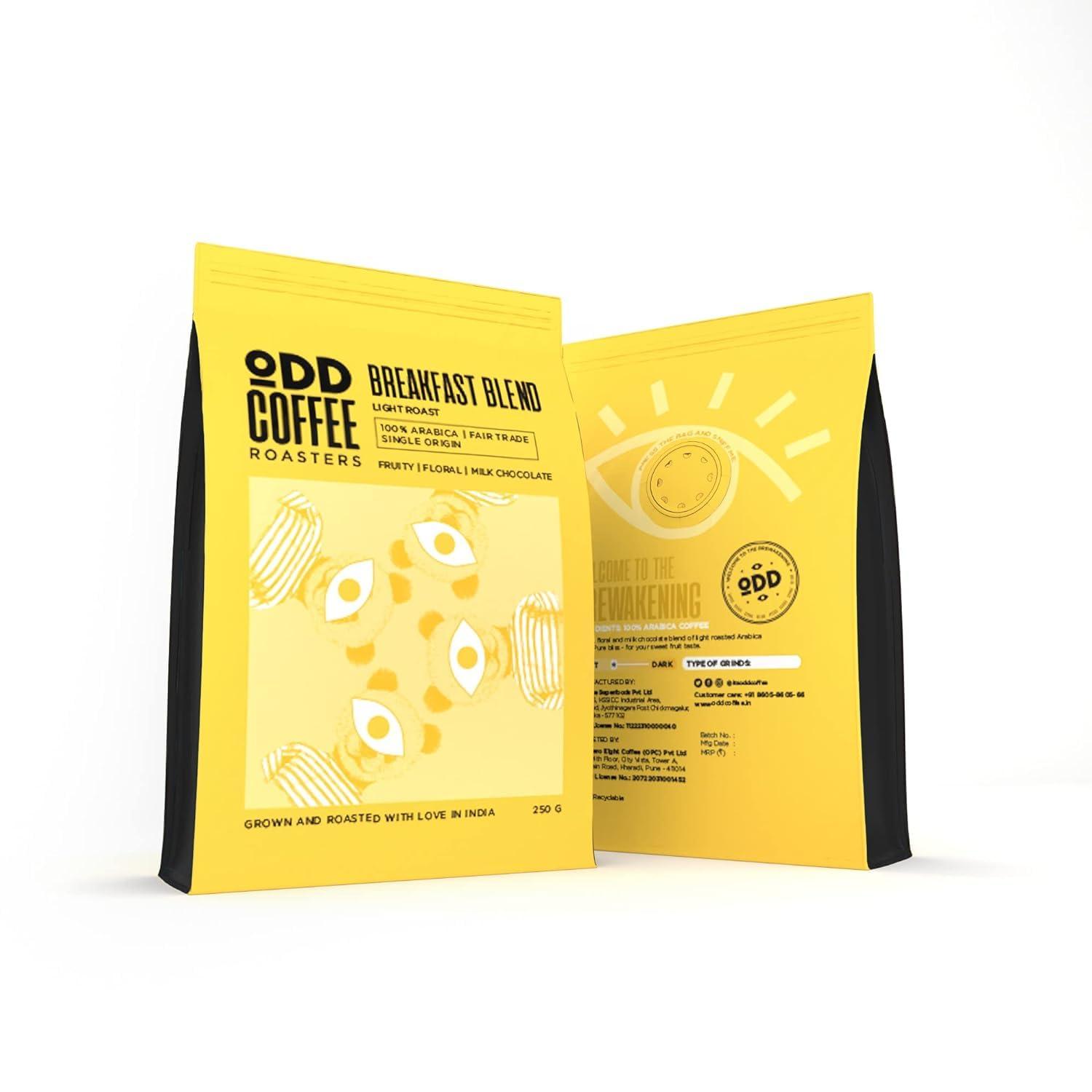 ODD COFFEE ROASTERS ODD COFFEE ROASTERS Speciality Coffee 250 Grams | Breakfast Blend - Light Roast 100% Arabica Fair Trade Single Origin Fruity Floral Milk Chocolate Whole Coffee Bean (Pack of 1) Plantation AA/AAA Beans