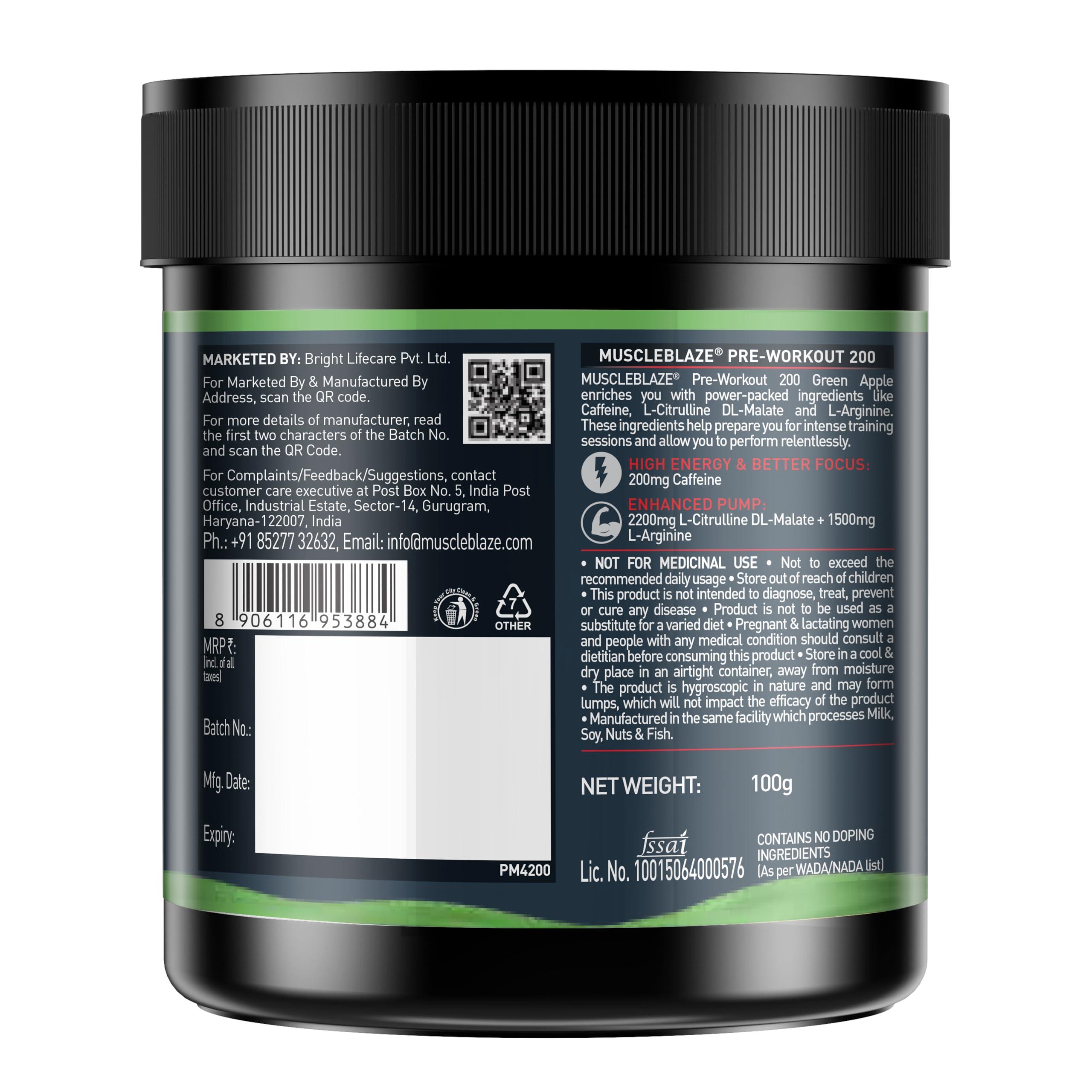 MuscleBlaze MuscleBlaze Pre Workout 200(Green Apple, 20 Servings, 100G)| 200Mg Caffeine, 2200Mg Citrulline Powder