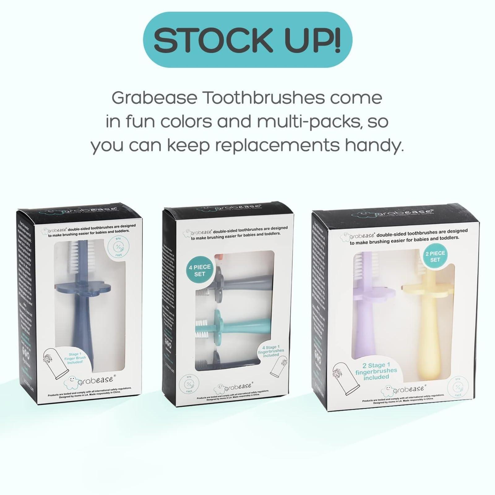 grabease Grabease Double Sided Toothbrush Baby Toothbrush for 6 Months to 4 Years Old with Soft Bristles BPA-Free Toddler Toothbrush with Anti-Choke Guard Includes Free Finger Brush, Grey