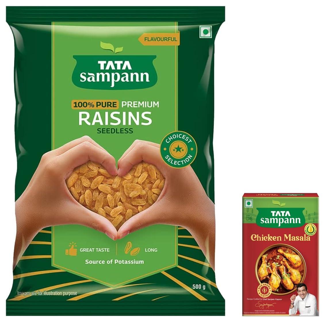 Tata Sampann Tata Sampann Pure Raisins Seedless | Kishmish | Source of Potassium | Hand-picked Dry Fruits | 500g Value Pack & Tata Sampann Chicken Masala with Natural Oils, Crafted by Chef Sanjeev Kapoor, 100g