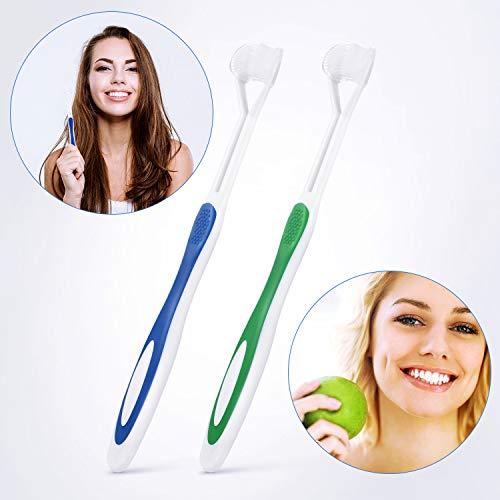 Boao 3 Sided Autism Toothbrush Three Bristle Travel Toothbrush for Complete Teeth and Gum-Care, Great Angle Bristles Clean Each Tooth, Soft/Gentle (Green, Blue, 2 Pieces)