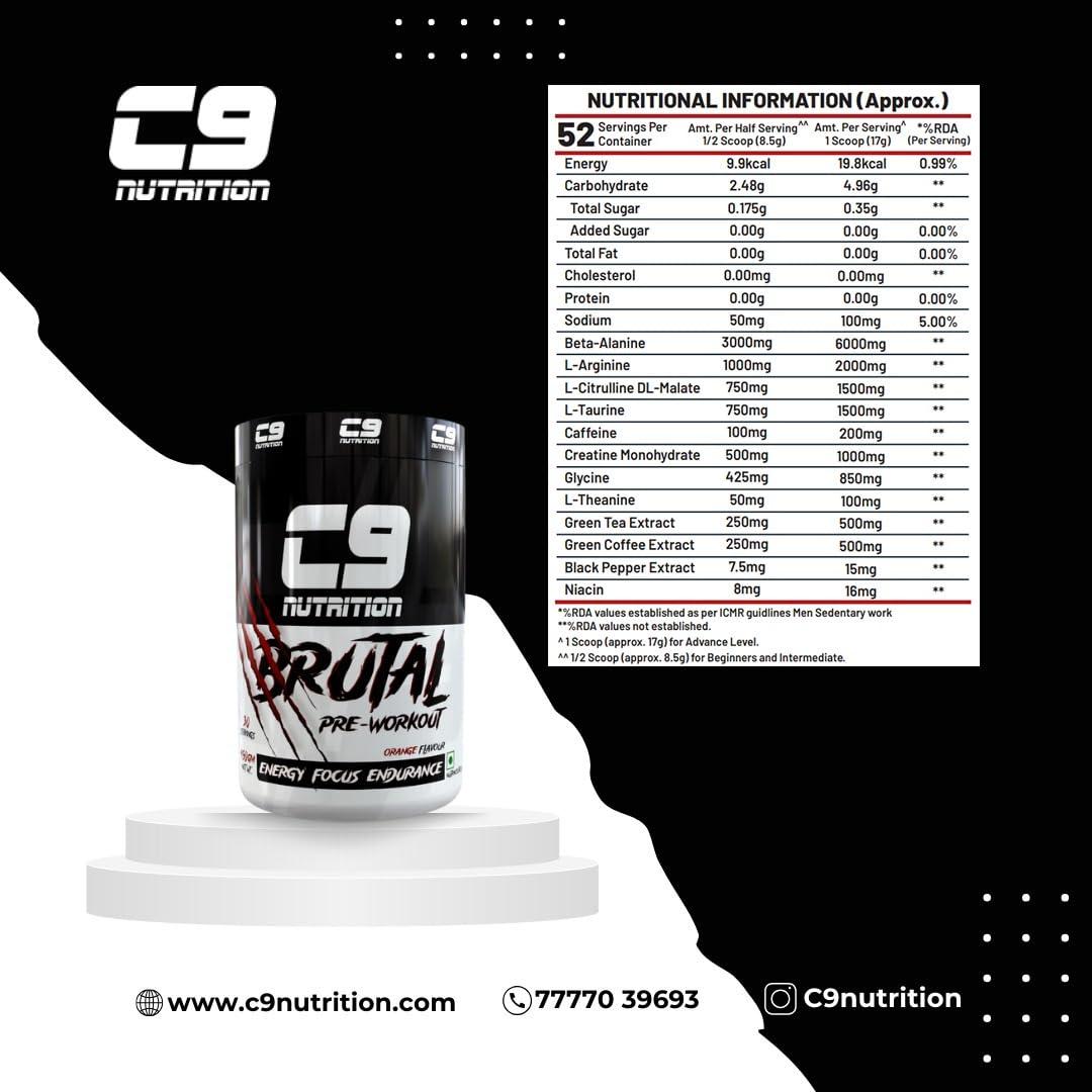 C9 NUTRITION C9 Nutrition Brutal Pre Workout Best|Caffeine 200mg|L Arginine 2000mg|L Citrulline 1500mg|L Taurine 1500mg|Energy Focus Endurance|Energy Drink Supplements for Men & Women (450gm, 52 Serving) (Mix Fruit Blast)