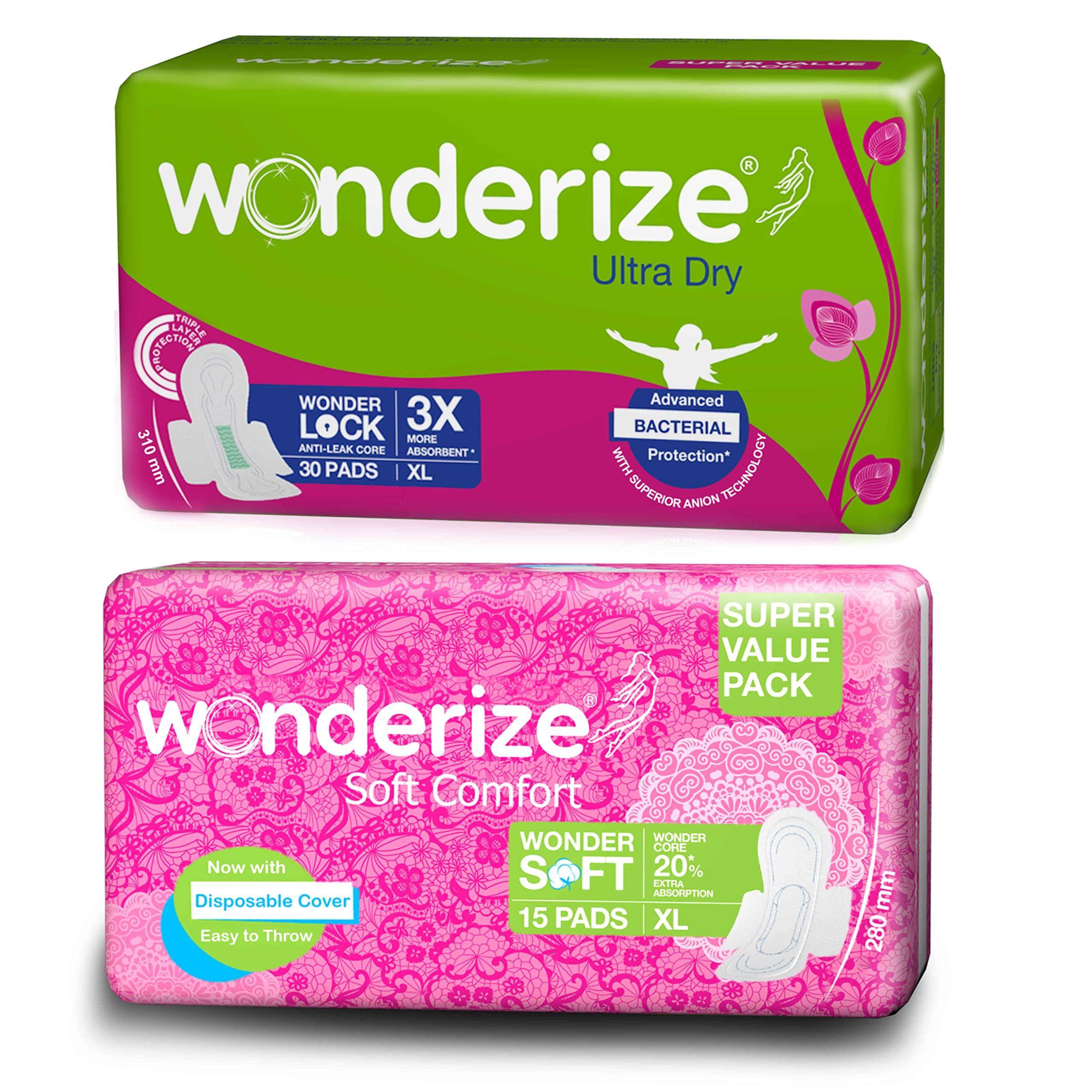 Wonderize Wonderize Ultra Dry Anti Leak XL Sanitary Napkins with 3X Absorption for Heavy Flow (30 Pads) + Soft Comfort XL Size Cotton Sanitary Napkins for Normal Flow (15 Pads)