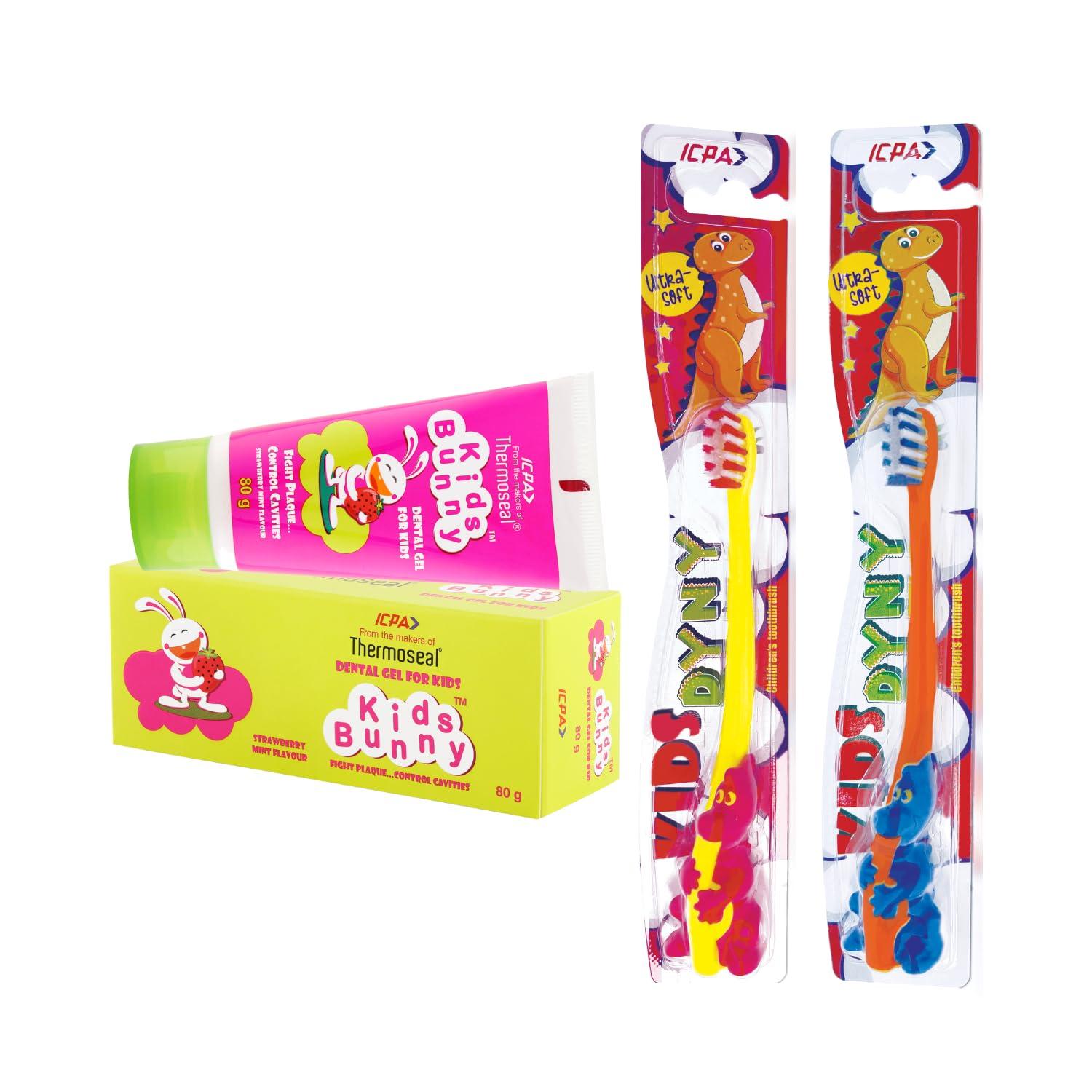ICPA ICPA Kids Dyny Manual Toothbrush (Pack Of 2) & Kids Bunny Toothpaste 80 Gm For Kids,Assorted