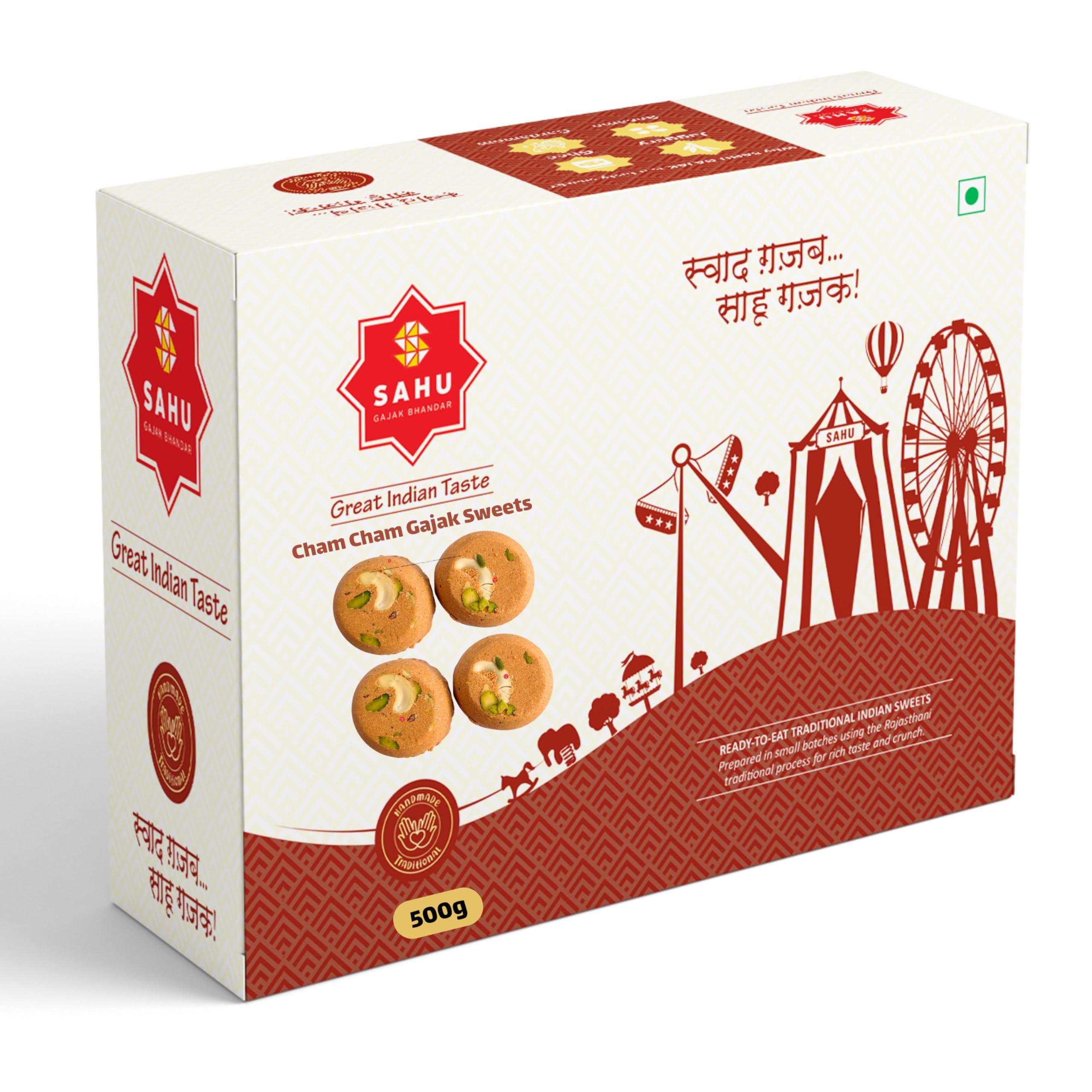 SAHU GAJAK BHANDAR SAHU GAJAK BHANDAR Cham Cham Gajak - 500g | Malai Gazak | Sesame Sweets | Gajjak Burfi | Til Ki Barfi | Indian Gachak Mithai | Till Burfee