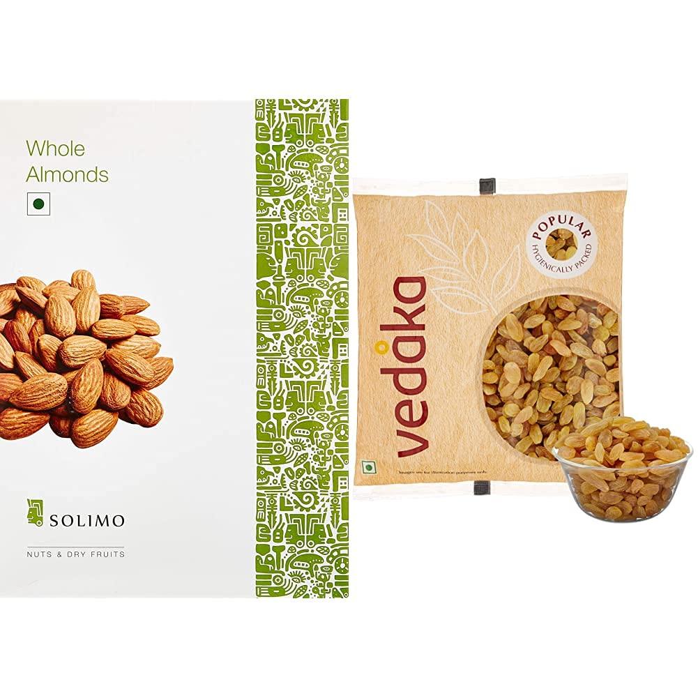 Amazon Brand - Solimo Amazon Brand - Solimo Premium Almonds, 1kg & Amazon Brand - Vedaka Popular Raisins, 500g Combo