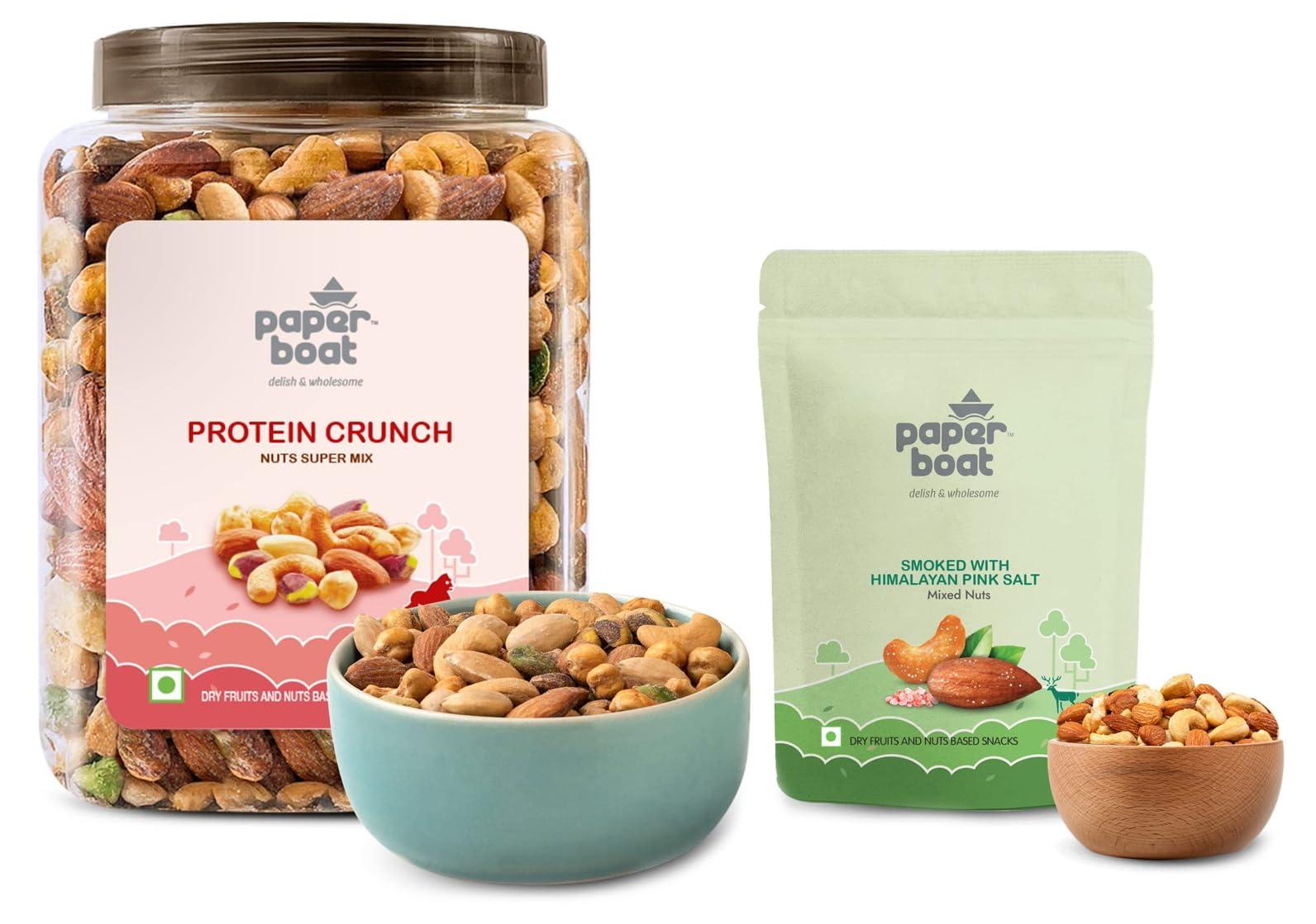 Paper Boat Paper Boat Protein Crunch, Premium Dry Fruit Mix, Healthy Trail Mix with Dry Fruits (1Kg) & Paper Boat Smoked and Roasted Mixed Nuts with Himalayan Pink Salt, Pouch (200g)