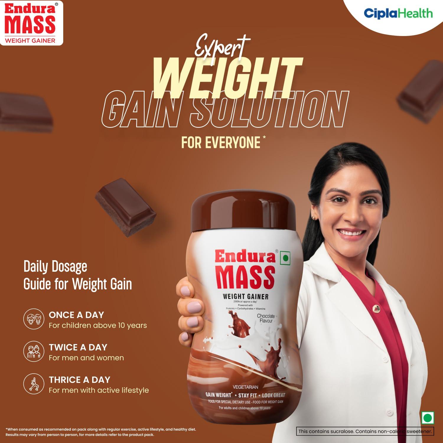 Endura Endura Mass Weight Gainer Powder| Mass Gainer | Gain Weight, Post Workout, 74 g Carbohydrate, 15 g Protein, Healthy Fats (Chocolate, 1 Kg)