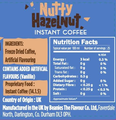 BEANIES BEANIES Flavoured Instant Coffee Powder - NUTTY HAZELNUT Hot & Cold Coffee Makes 25 Cups 100% Arabica Light Roasted Coffee Sugar Free 50g. Bottle (Nutty Hazelnut)