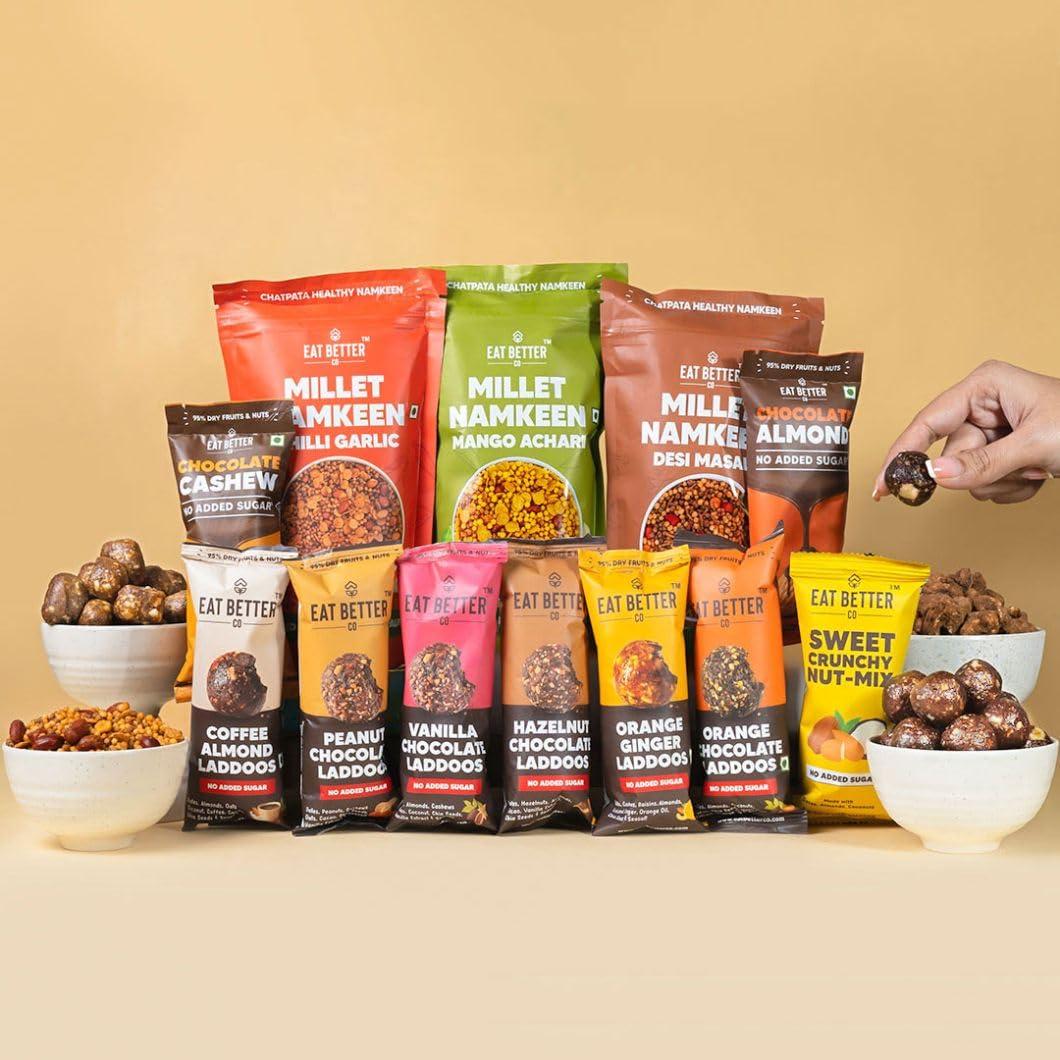 EAT BETTER CO Eat Better Co - Ultimate Snack Box -12 Healthy Snacks - Roasted Namkeens, Dry-Fruit Laddoos - No Added Sugar - Chocolate Coated Nuts & more - As Seen on Shark Tank India