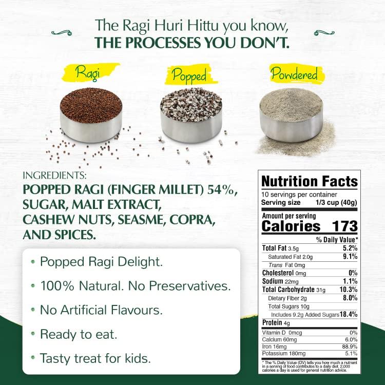 INDIRA Indira’s Ragi Huri Hittu - Teens & Kids Special, Popped Ragi Flour with Cashew Nuts, Malt, Spices (400g, Pack of 4), Ragi Malt Mix, Instant Ragi Porridge Mix, Ragi Laddu Mix
