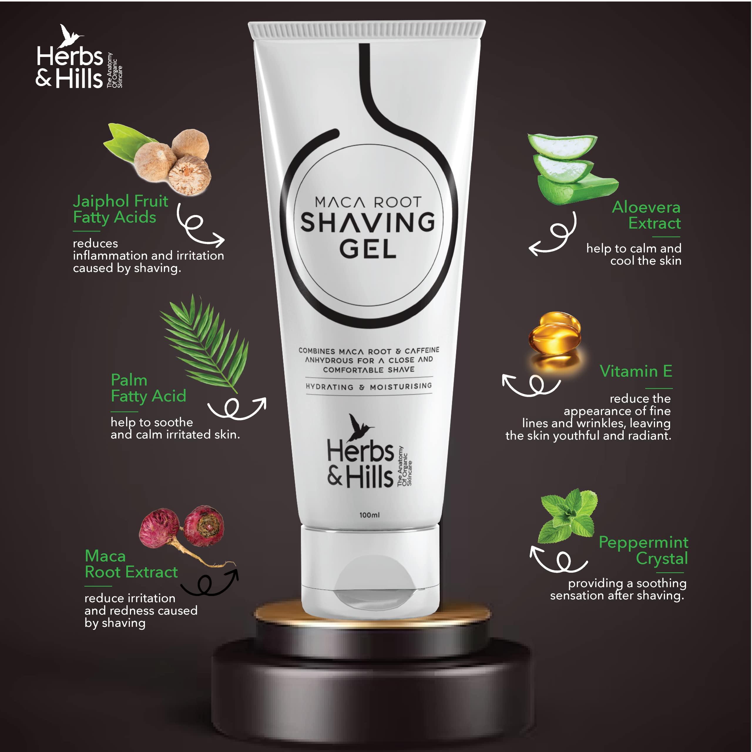 HERBS & HILLS Herbs & Hills Shaving Gel for Mens - 100ml Combines MACA Root & Caffeine Anhydrous for a Close and Comfortable Shave, Protect Skin from Redness, Irritation & Razor Burn Better than Foam