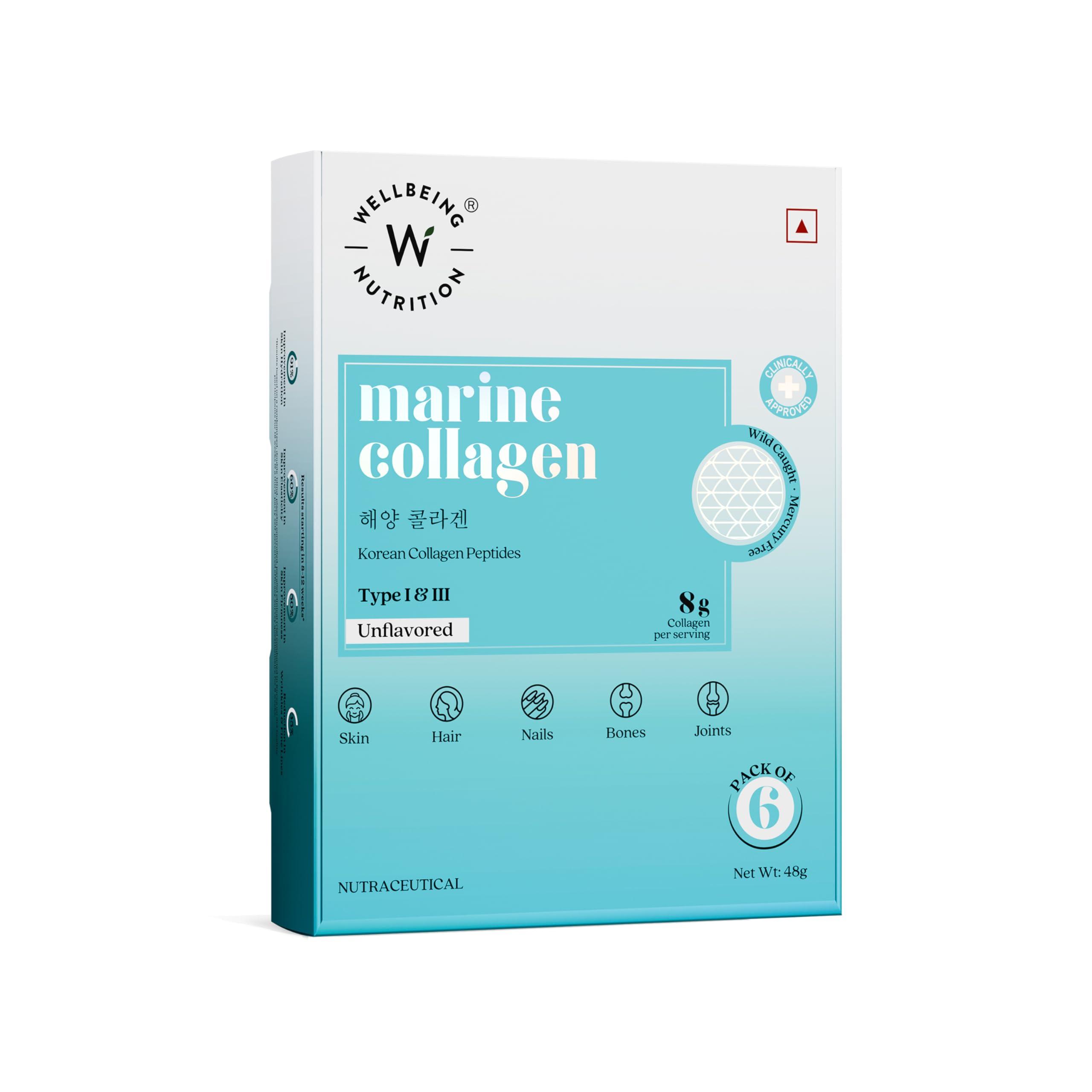 WELLBEING NUTRITION Wellbeing Nutrition Pure Korean Marine Collagen Supplements for Women & Men|Clinically Proven Type 1 & 3 Hydrolyzed Peptides|For Anti-Aging,Radiant Skin & Hair Growth|Unflavored - 6 Sachets, 48 grams