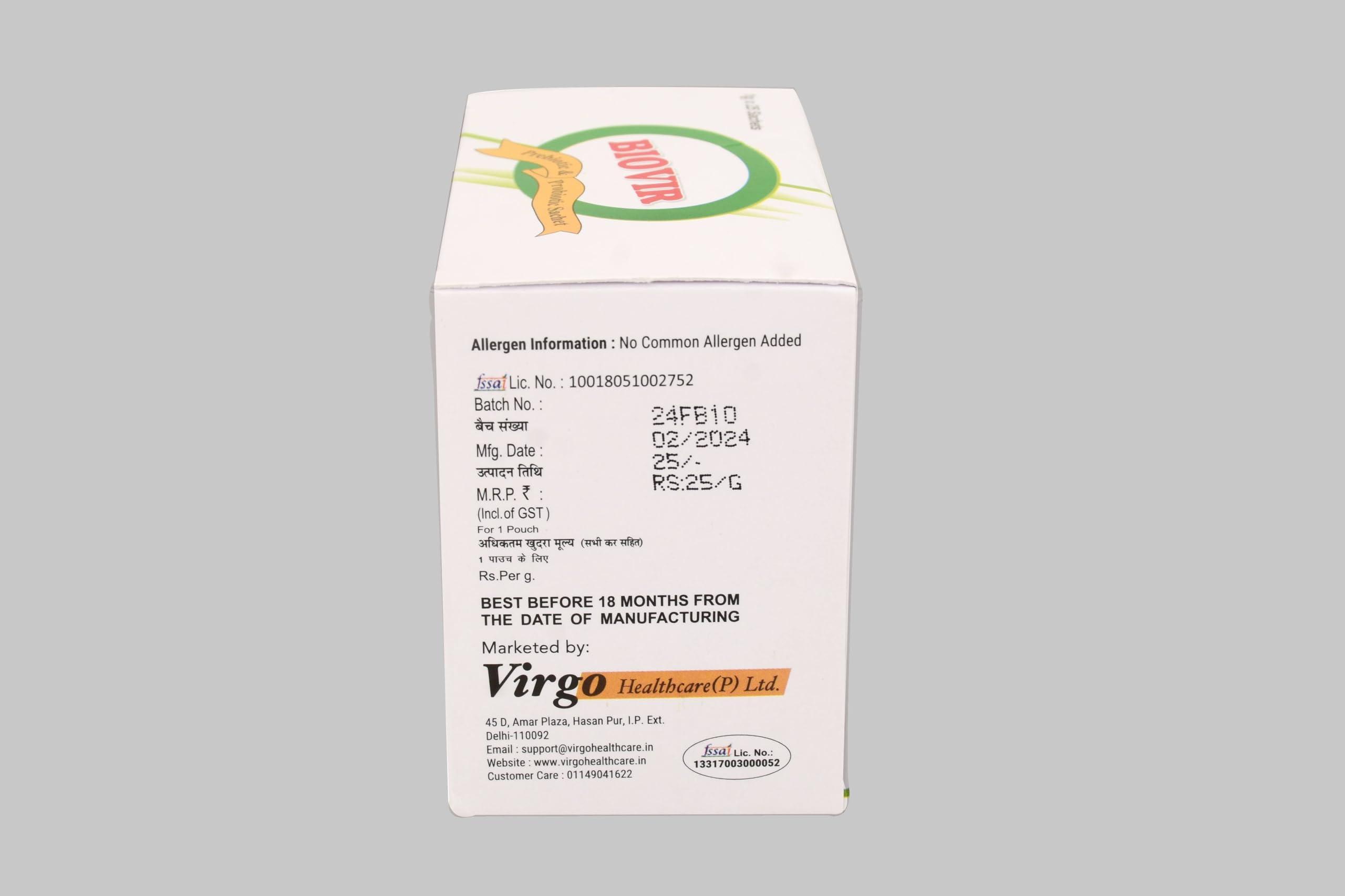 Virgo Healthcare Virgo Healthcare\'s Biovir - 25 Sachets | Saccharomyces Boulardii Prebiotic & Probiotic | Diarrhea | IBS | Lactose Intolerance