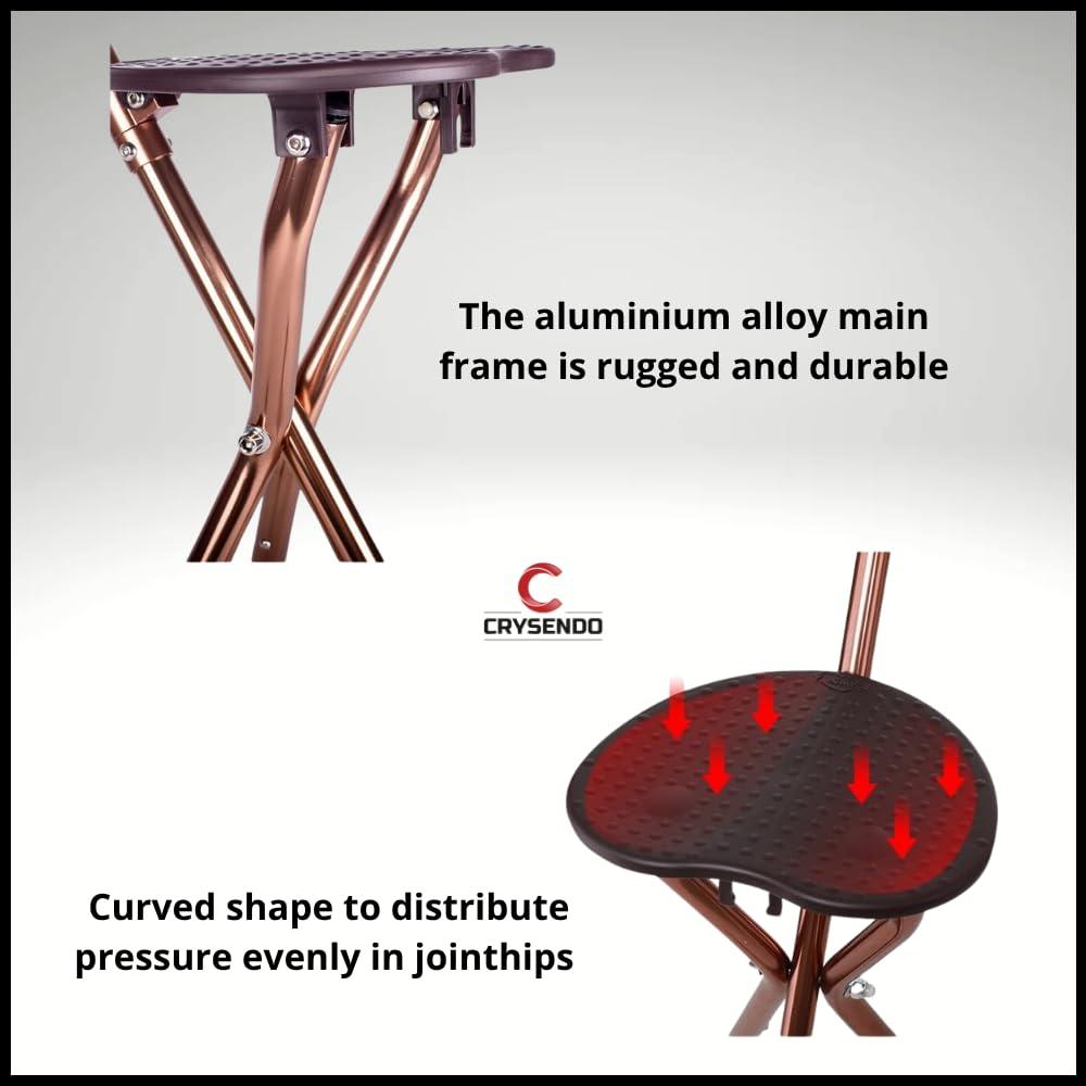 CRYSENDO Crysendo Walking Stick Cum Seat for Elders | Chair Folding Durable & Comfortable Cane Stool | Easy Carry Cane Chair Travel Hiking Hand Stick Cum Stool (LED Black)