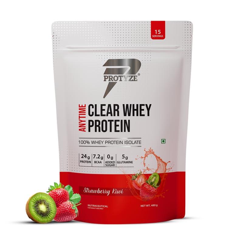 Protyze Protyze Anytime Clear Whey Protein Isolate | 24 g Protein/Scoop | 7.2 g BCAA | Gluten-Free | Low Carb | Light and Refreshing | Muscle Growth & Recovery (15 Servings, Strawberry Kiwi)