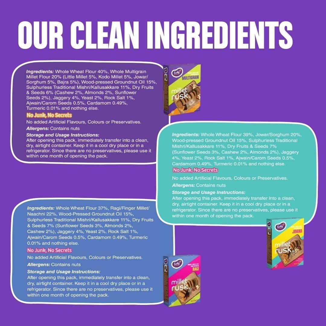 Early Foods Early Foods - Pack of 3 : Ragi, Jowar & Multigrain Rusks | Millet Rusk Sugar Free | No Maida Rusk | Rusks for Kids | Millet Toast Biscuits Rusk 230g x 3