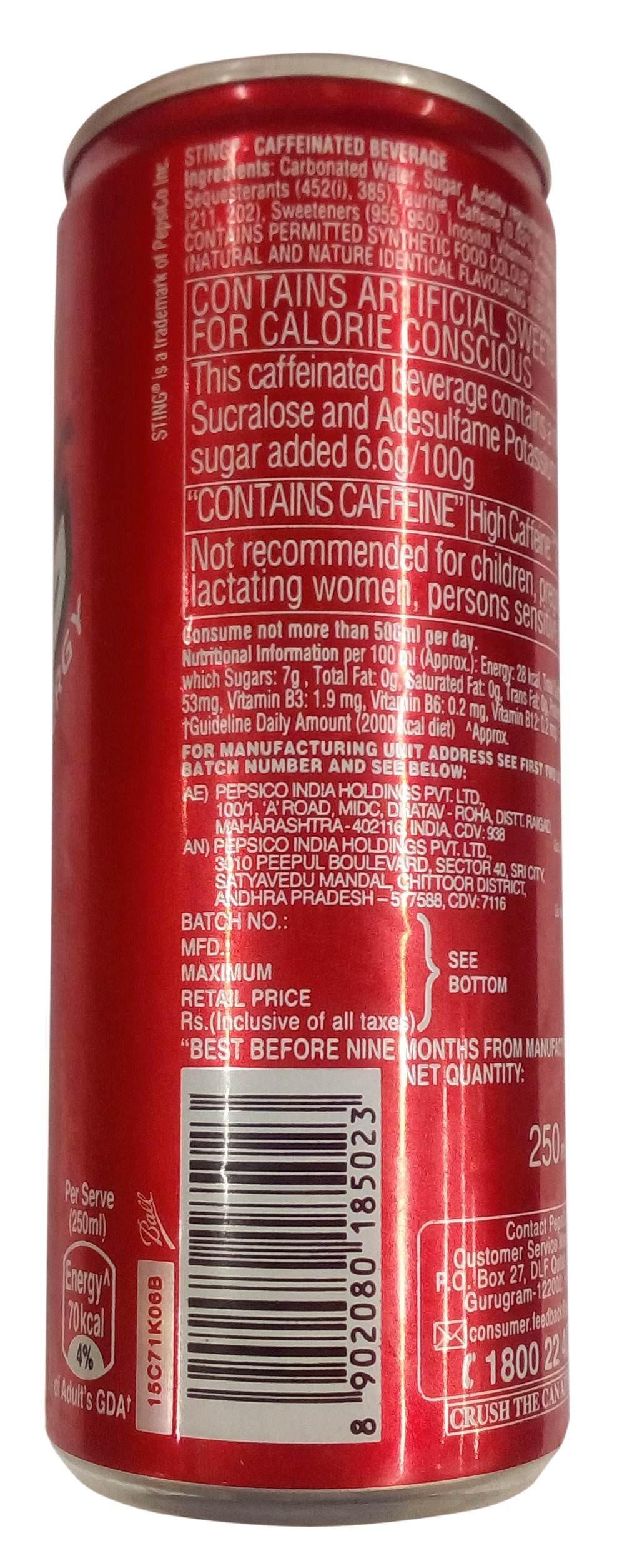 Sting Sting Energy Drink, 250 Milliliters Tin, Vegetarian