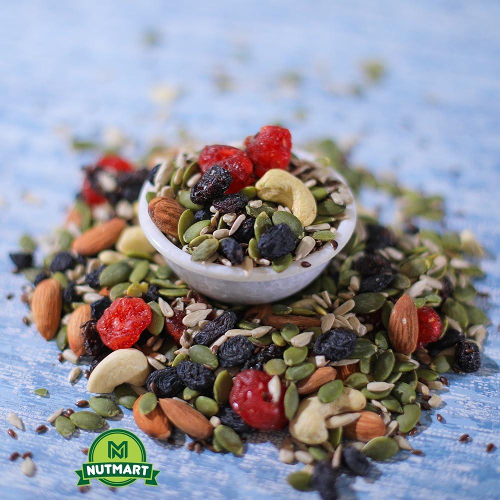 NUTMART NUTMART Premium Trail Mix || Energy Mix || Immunity Booster || Breakfast Mixture || Almonds,Cashews,Pumpkin Seeds,Sunflower Seeds,Flax Seeds,Cranberries,RED Berry || 1 KG