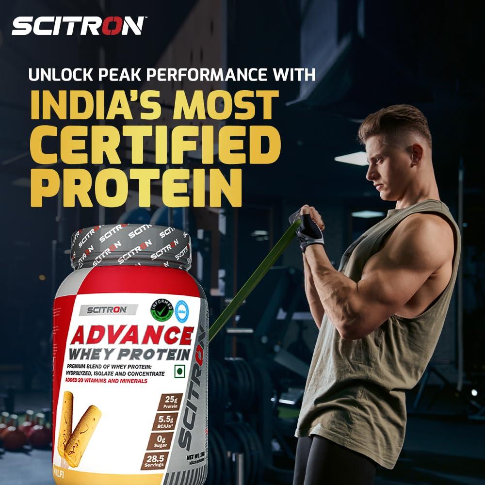 SCITRON Scitron Advance Whey Protein 1Kg Kulfi (28.5 Servings, 25.5g Protein, 5g BCAAs, 0g Sugar, 20 Vitamins & Minerals) Certified by Labdoor,USA | Sourced from Glanbia Nutrition | Certified by Informed Choice
