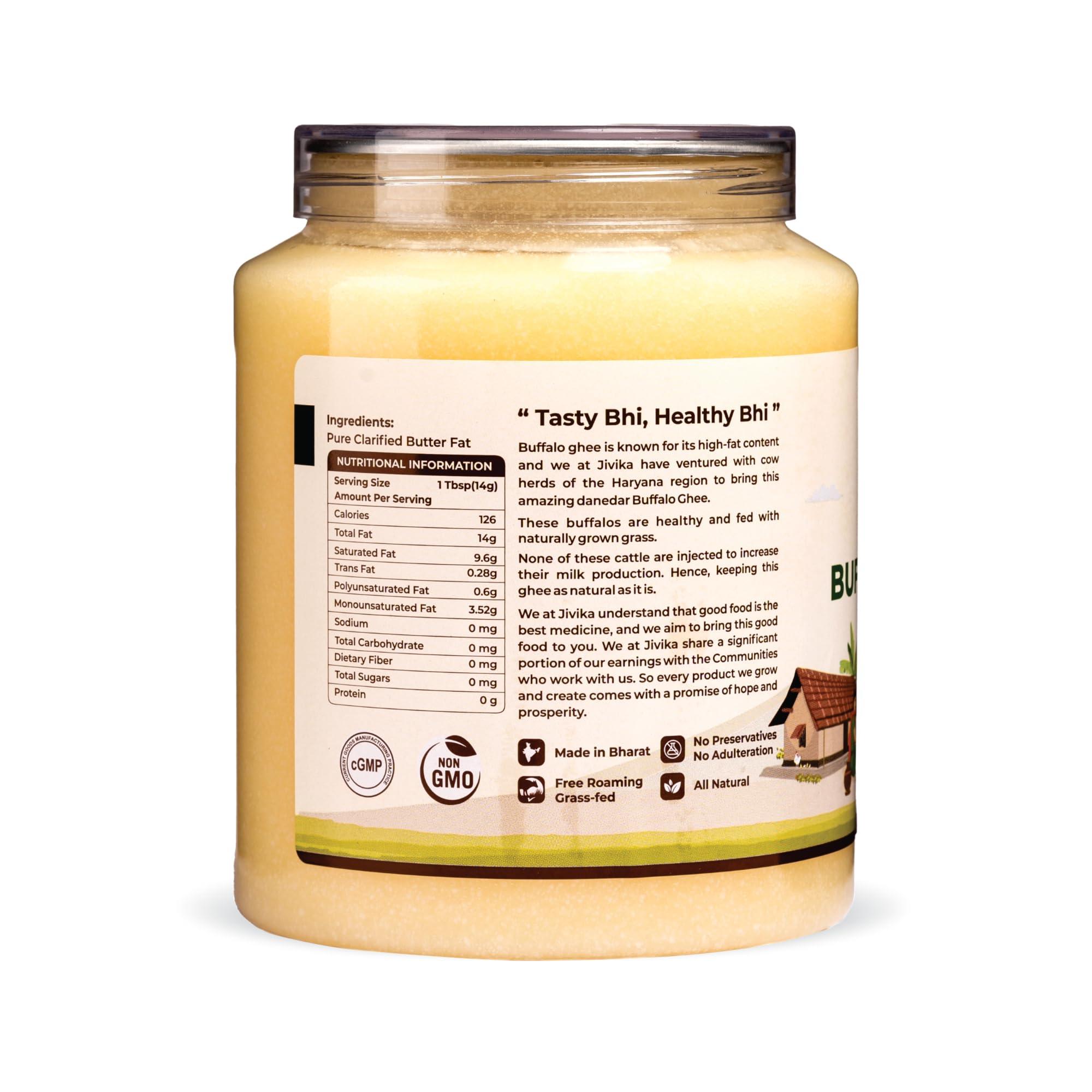JIVIKA NATURALS JIVIKA NATURALS A2 Desi Buffalo Ghee 1 Litre | Bilona Ghee | Grass Fed Buffaloes | Murra Buffalo | Haryana Region | Pure & Natural | Nutritional Powerhouse | Lab Tested | Pet Jar