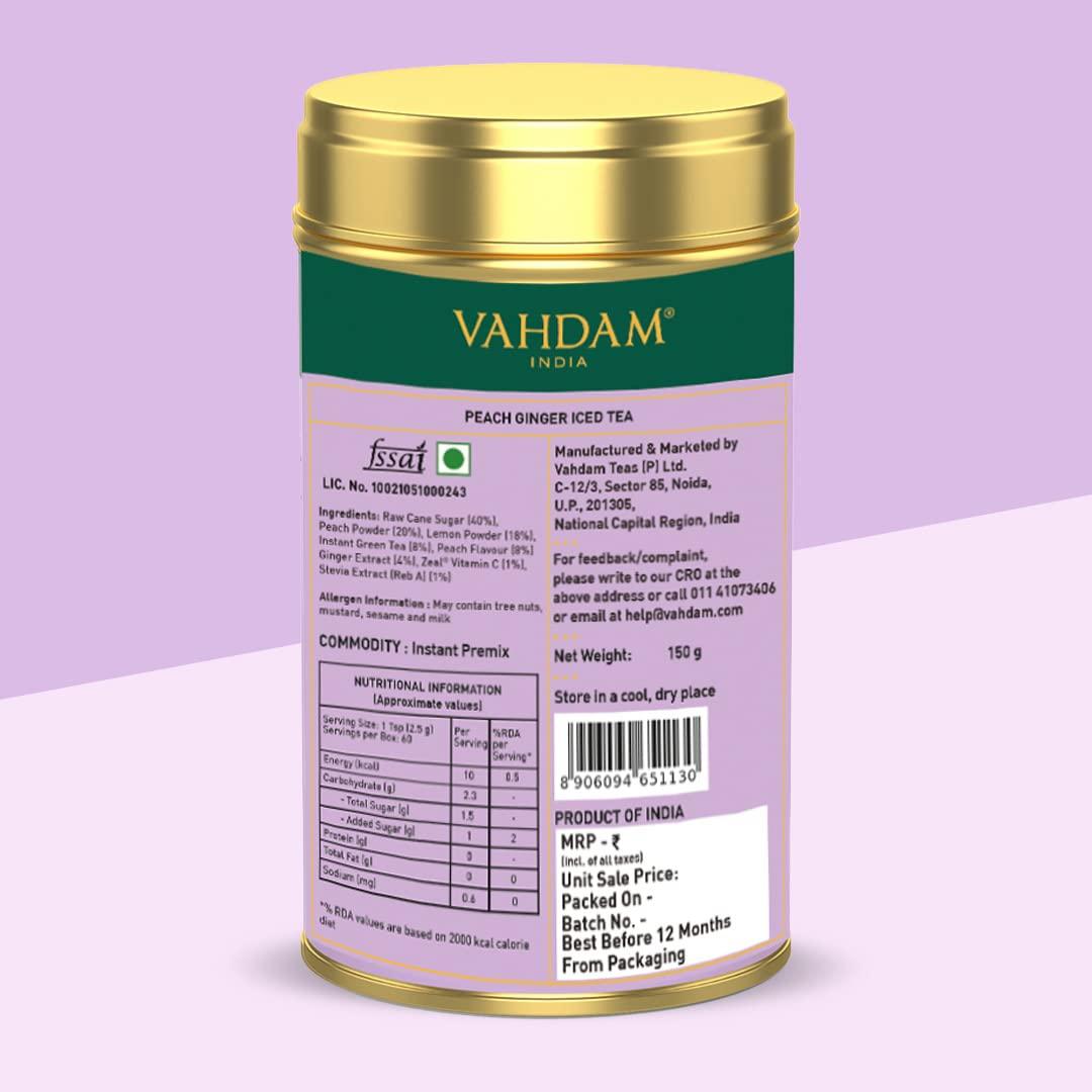 VAHDAM Peach Ginger Iced Tea Instant Premix (150g/5.29oz) 60 Servings | Lightly Sweetened Iced Tea | Fruity Peach & Zingy Ginger | Best for Mocktails & Cocktails | Packed in Tin Caddy | VAHDAM