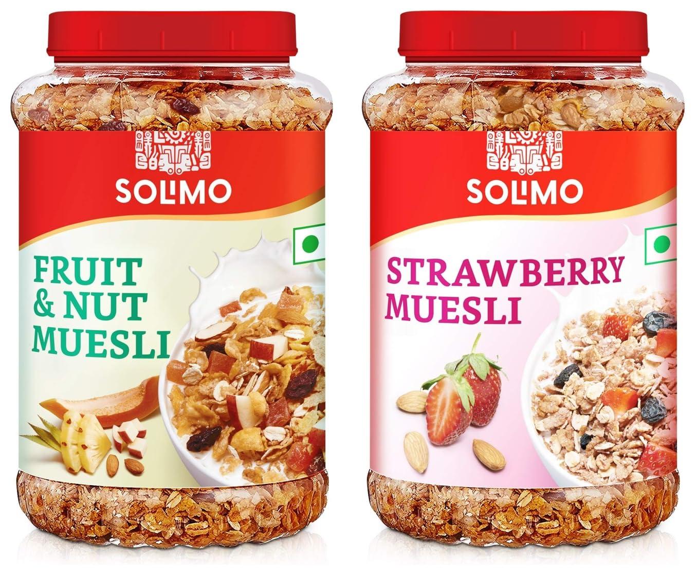 Amazon Brand - Solimo Amazon Brand Solimo - Fruit and Nut Muesli 1kg & Amazon Brand Solimo - Strawberry Muesli 1kg