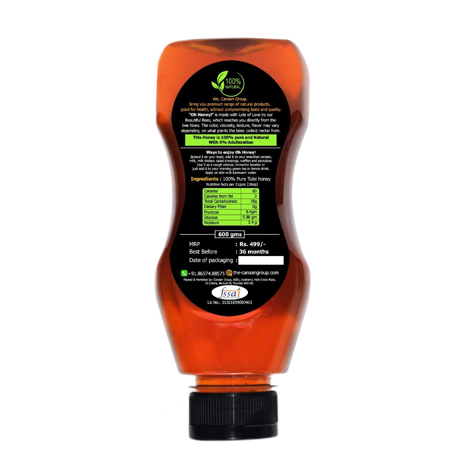 CANAAN GROUP’S oh honey Bee Healthy Canaan Group's Organic Oh Honey | 100% Honey Organic Natural Tulsi Honey | Squeeze Pack | No Added Sugar | 600g