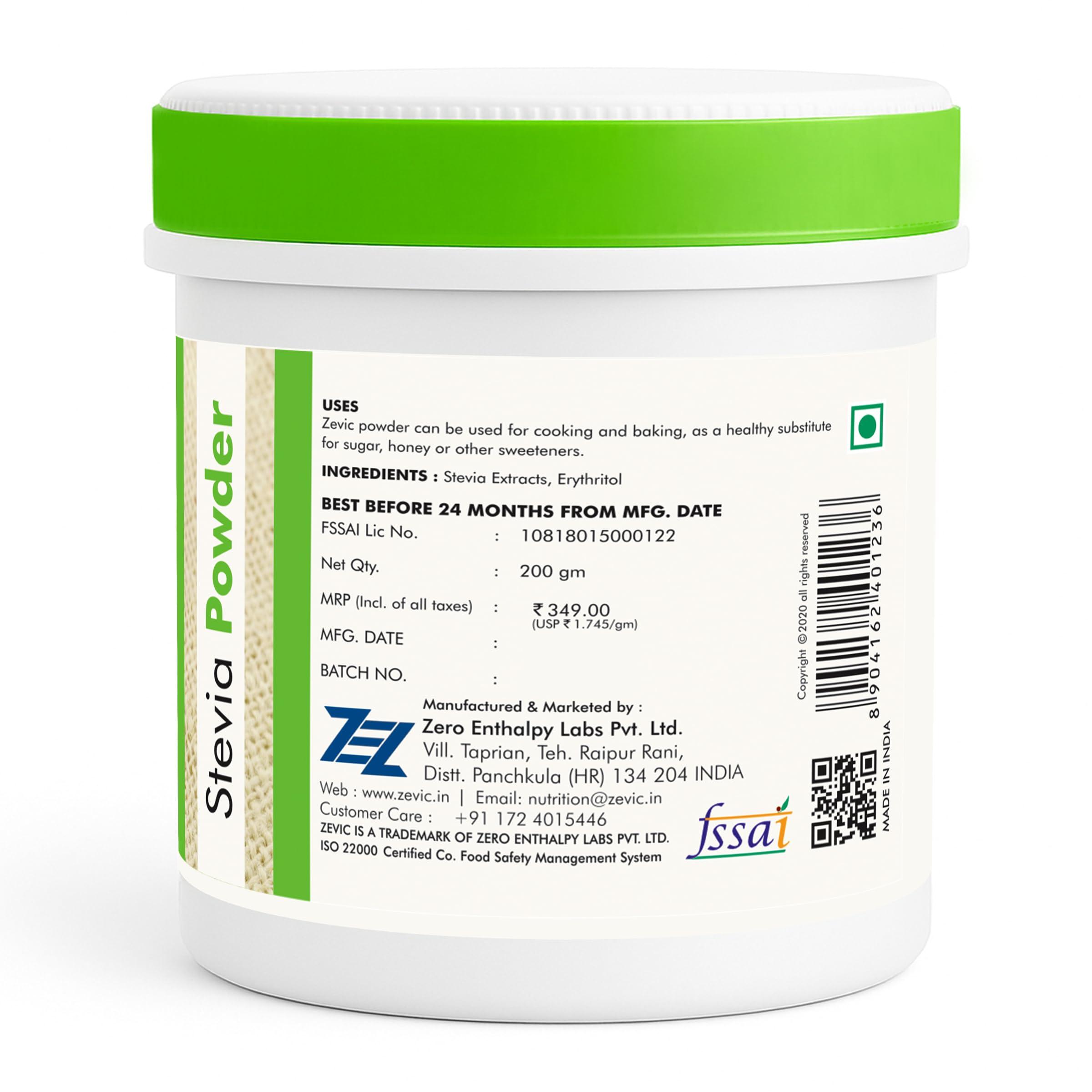 ZEVIC Zevic Stevia Sugar Free Powder | Zero Calories & Vegan | 100% Natural Sweetener Sugar Free White Powder | Keto & Diabetic Friendly - 200g (Pack of 3)