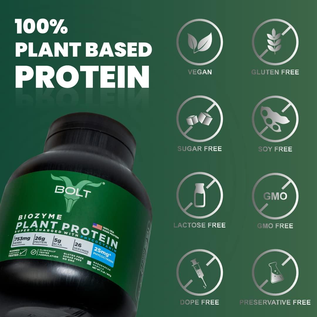 Bolt Bolt Biozyme Plant Protein | Vegan Protein with Superfood PHYCOCYANIN and Ayurvedic Herbs | Complete Amino Acid Profile for muscle Support and Recovery | 2Lb/32oz, 26 Servings | Piedmont Chocolate