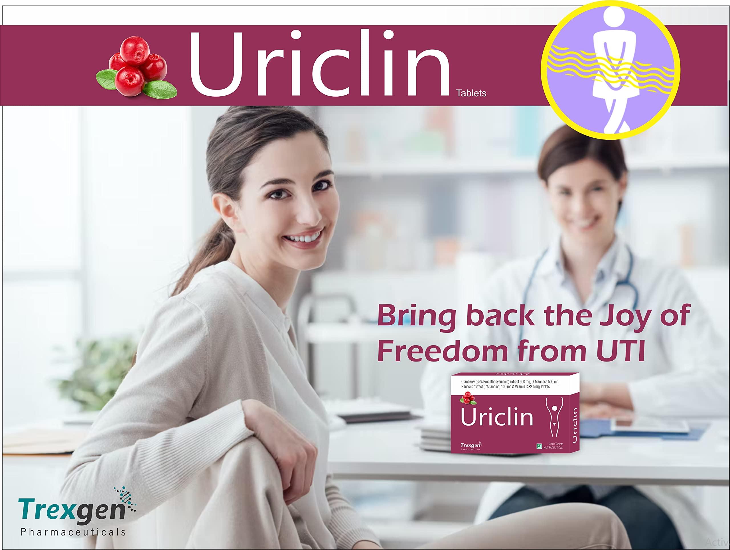 Trexgen Trexgen URICLIN UTI Support Cranberry 25% Proanthocyanidine 500 mg, D-Mannose 500 mg, Hibiscus 100 mg & Vitamin C (30 Tablets) (Pack of 2)
