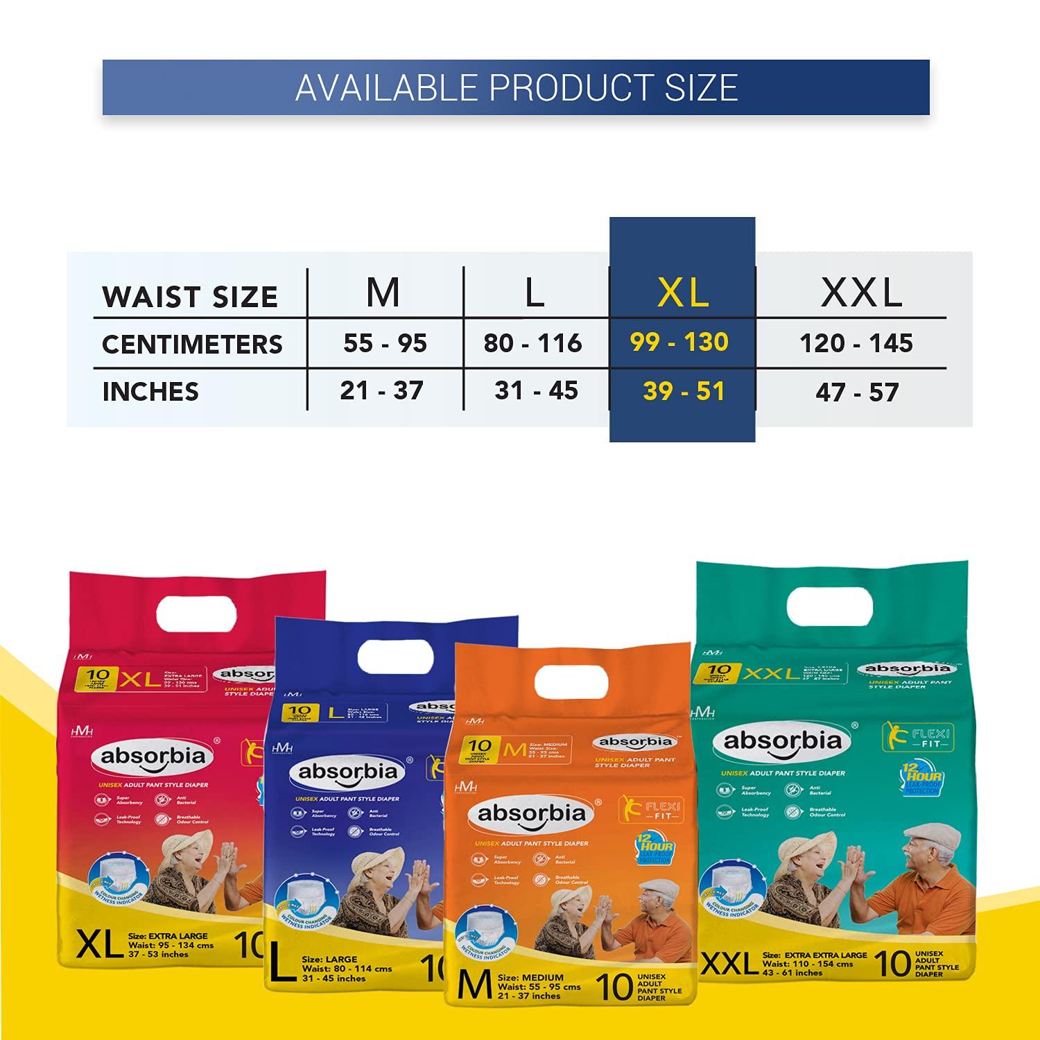 ABSORBIA absorbia Ultra Thin Adult Diaper Pant Extra Large Size | Waist Size 95-134 Cm (37-53 Incs) Size-Xl 10 Pant Diapers, 10 Count