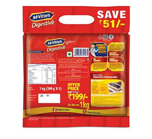 McVities McVitie's Digestive High Fibre biscuits with Goodness of Wholewheat, 1Kg Super Saver Family Pack