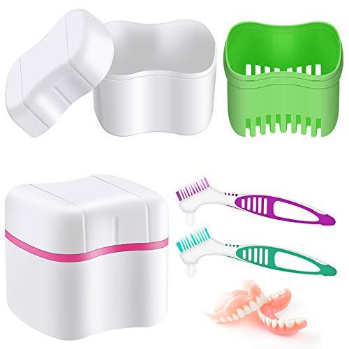 Patelai 2 Denture Bath Cases with 2 Denture Cleaner Brushes Denture Boxes Dentures Container with Basket Denture Holder Brush Retainer Case for Travel Retainer Cleaning (Green, Purple)