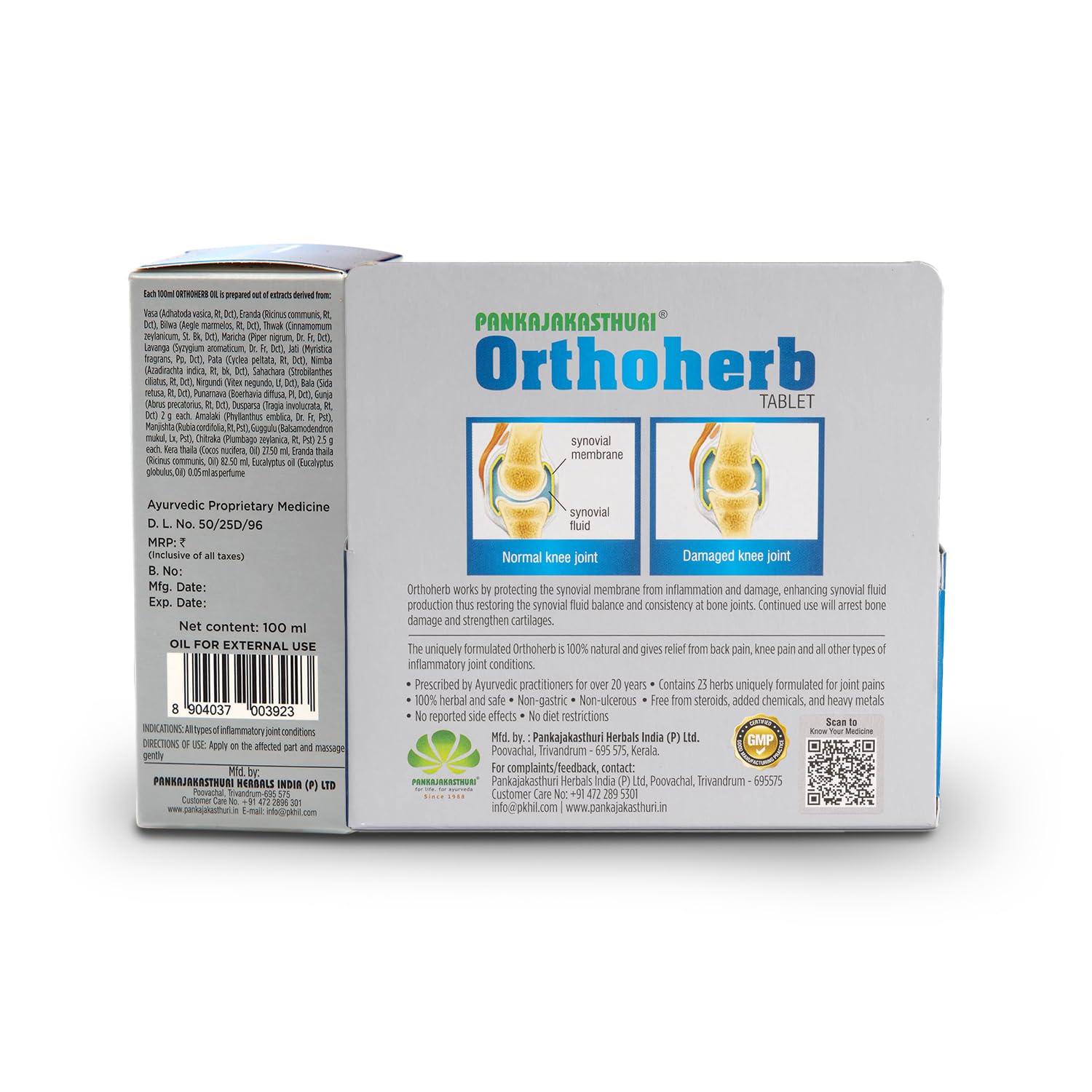 PANKAJAKASTHURI Pankajakasthuri Orthoherb Oil + Tablet Ayurvedic Pain Relief from Joint, Muscle, Back Pain, Sprains, Sports injuries reducing Inflammation and Sciatica - 100 ml + 60Tabs