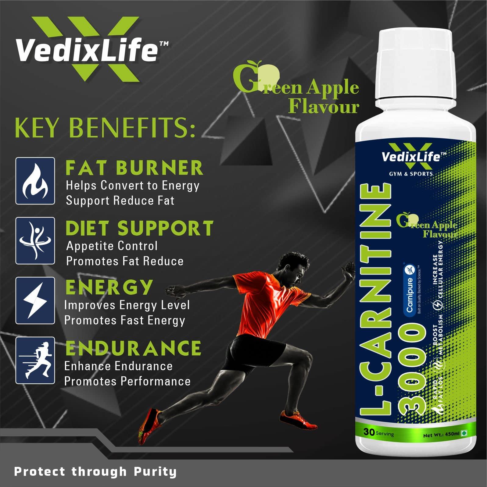 Generic L-Carnitine Liquid with Branded Carnipure, 3000 mg | Converts Fat into Energy | Pre & Post Workout | (Natural Green Apple Flavour, 450ml, 30 Servings)