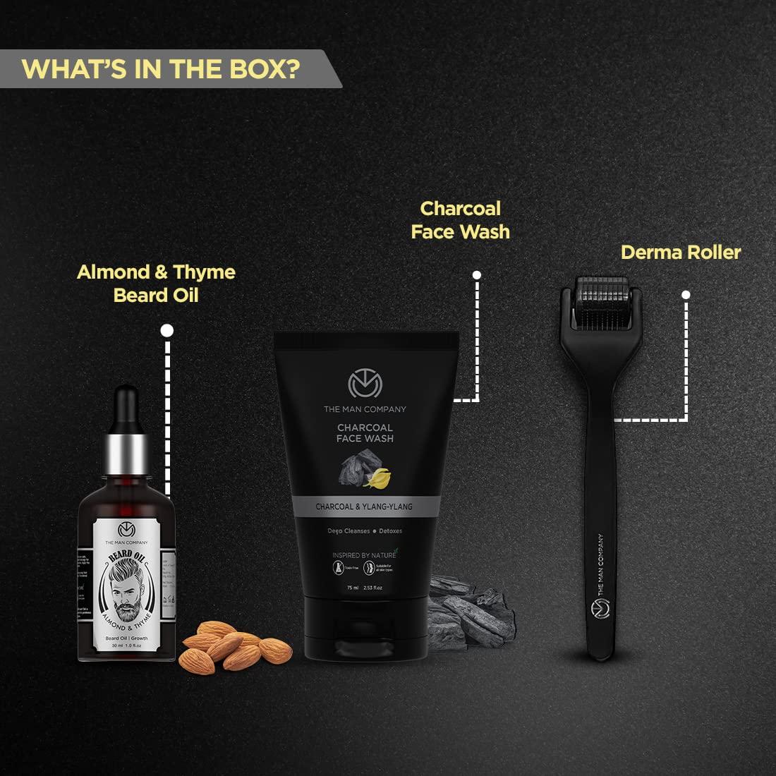 The Man Company The Man Company Beard Growth Kit with Almond & Thyme Beard Growth Oil for Men, Charcoal Face Wash & Beard Activator (Derma roller) For Fast Beard Growth (Set of 3)