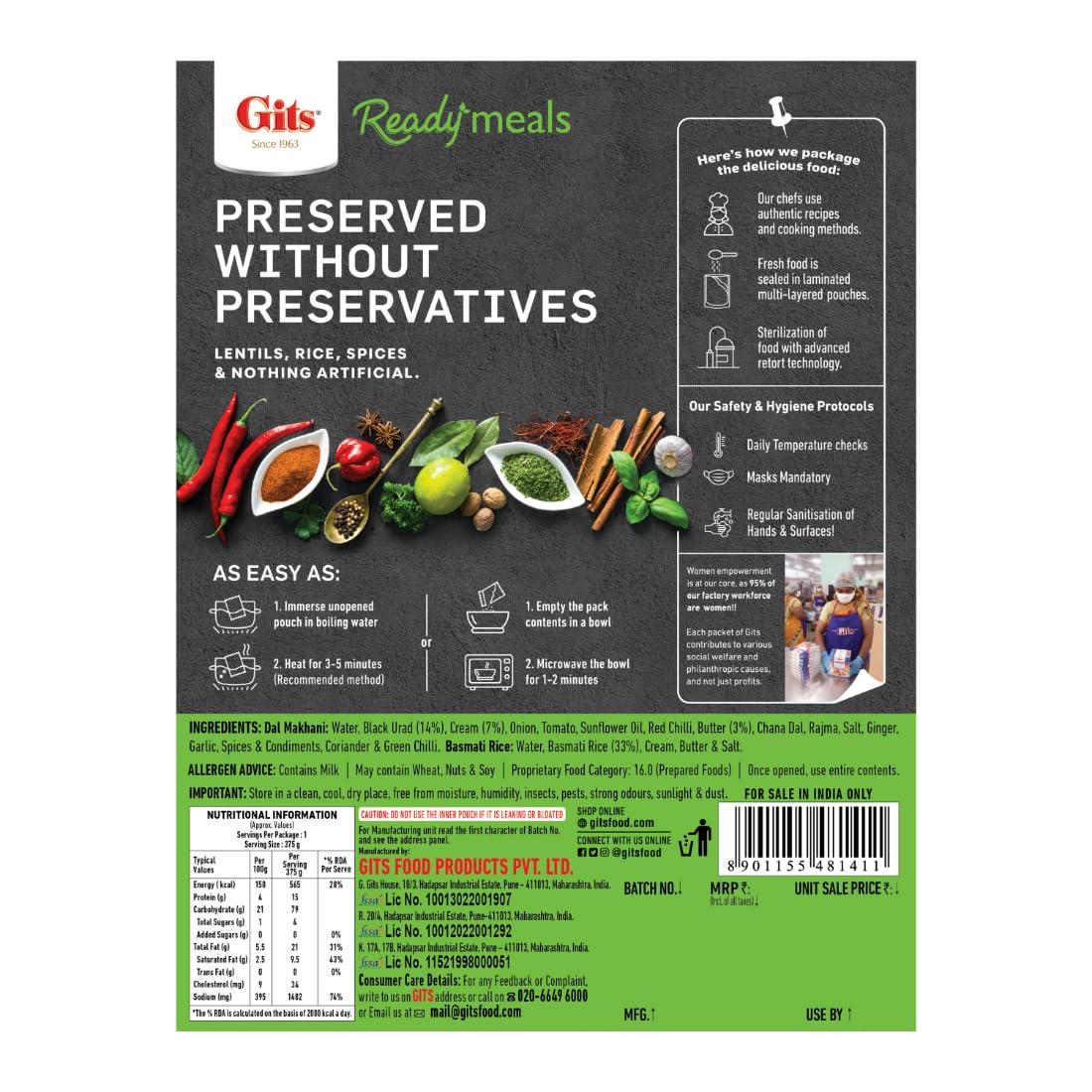 Gits Gits Ready to Eat Basmati Rice + Dal Makhani Combo Indian Meal, Pure Veg Heat and Eat, 1125g (Pack of 3 X 375g Each)