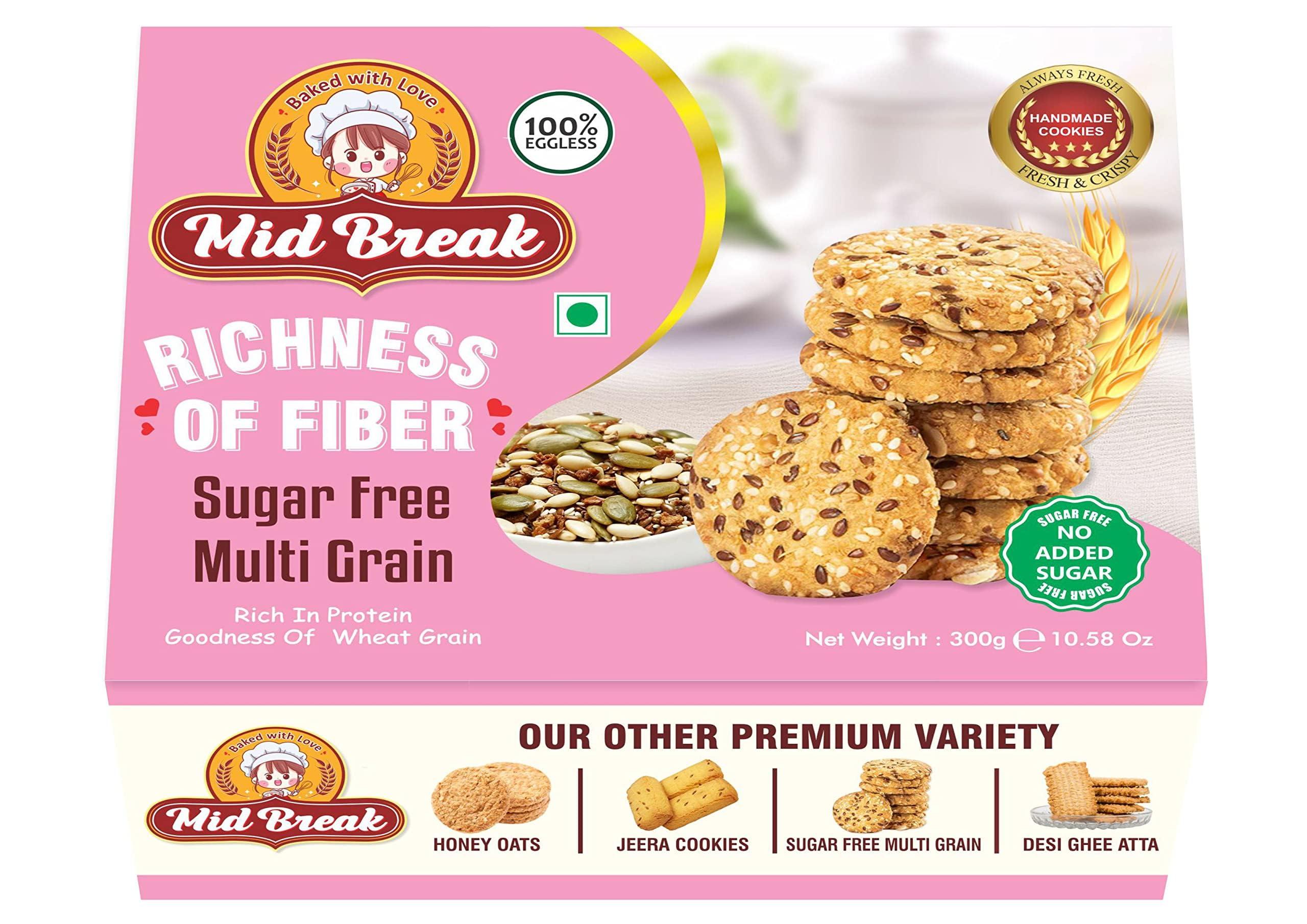 Mid Break MidBreak - Sugar Free Multigrain Cookies | Multigrain Biscuits | Sugar Free Multigrain Biscuits | Premium Handmade Cookies | 300 Gm | Pack of 1