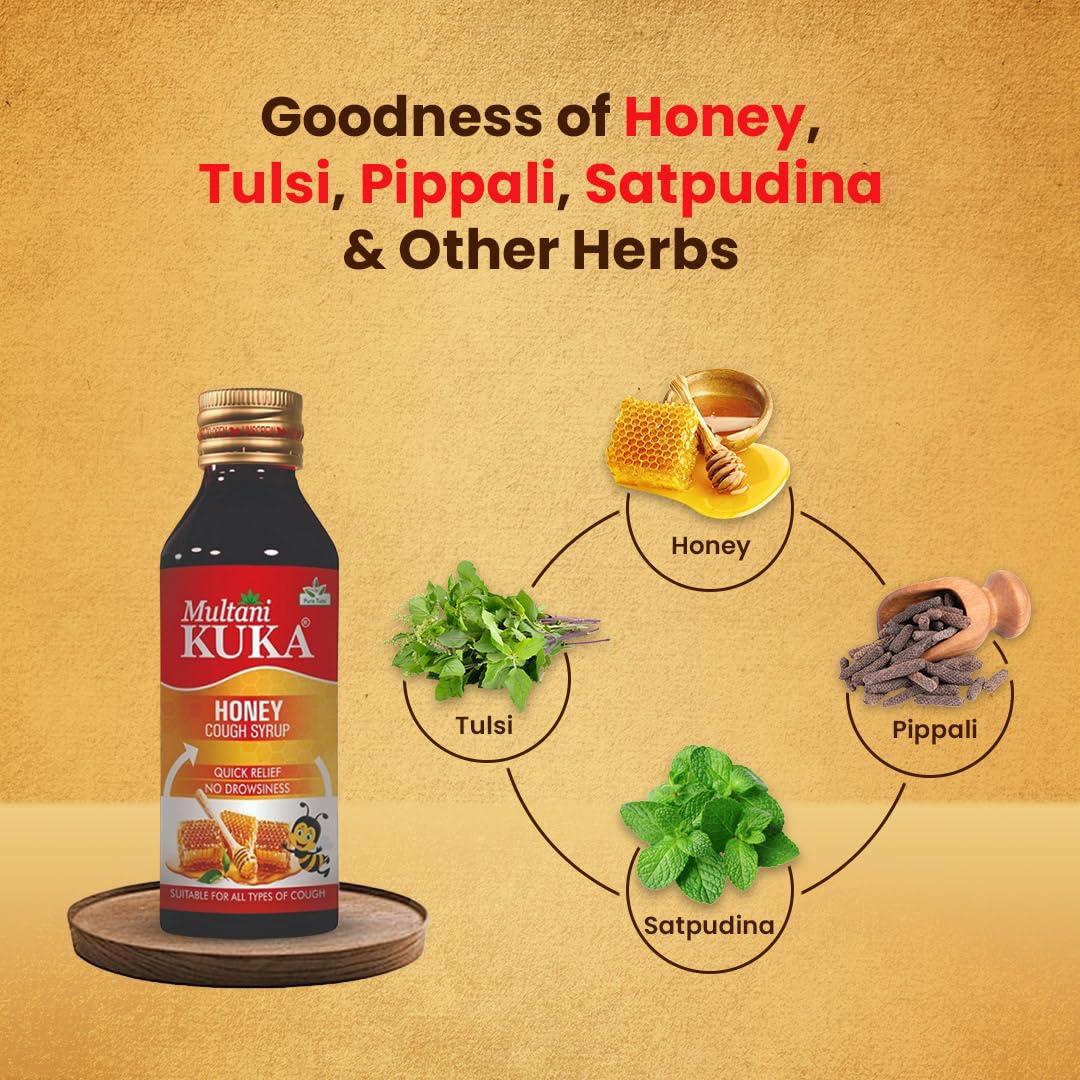 Multani Multani Kuka Honey Cough Syrup | Get Ayurvedic Relief from Throat Issue, Chest Congestion, All Types Of cough & Cold | Goodness Of Tulsi, Pippali, Satpudina & Other Herbs | 100 Ml