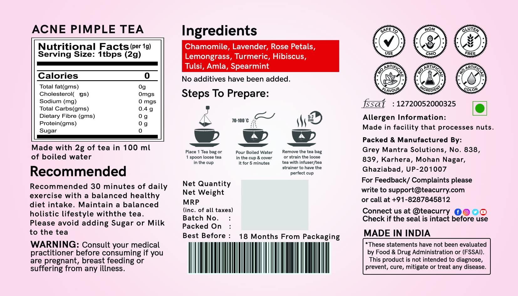 TEACURRY TEACURRY Acne & Pimple Care Tea - 15 Tea Bags | Helps Reduce Pimple Breakouts, Acne Marks | Pimple Acne Tea, Spearmint, 50 Gm