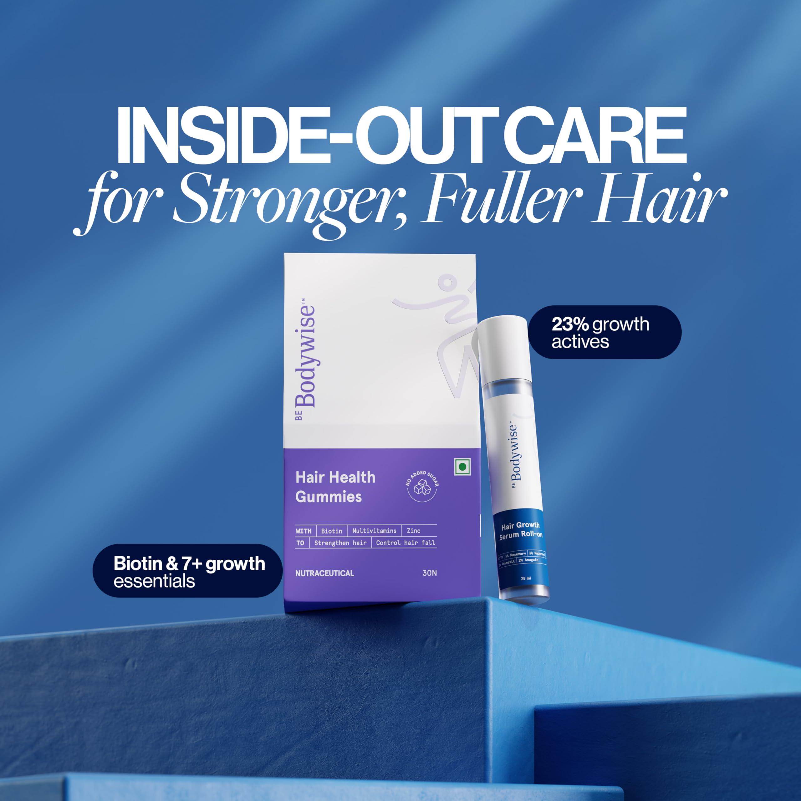 Be Bodywise Be Bodywise Hair Growth Pack, 30 Day Pack, Biotin Hair Gummies (30 Gummies) & Rosemary Hair Growth Serum (Roll-On) 30Ml, For Hair Fall & Hair Thinning - Grams