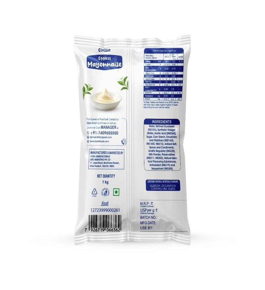 KLYNA KLYNA Eggless Mayonnaise (1kg) | Chef\'s Special | 100% Vegetarian Mayo | Extra Creamy and Delicious | Rich and thick texture I Use as a Salad Dressing, Spread on Bread, Toast, momos and burger