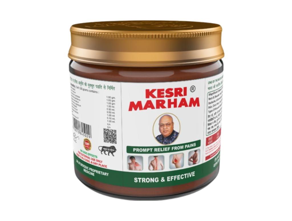 KESRI MARHAM Kesri Marham Ayurvedic Pain Relief Rub Massage Balm for Headache, Back Pain, Muscle,Joint & Knee Pain, Sports & Gym Non-Sticky Fast Absorption-Pack of 4 (each 12g)
