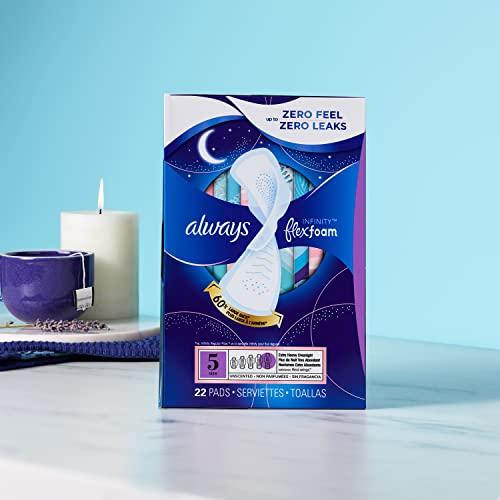 Always Always Infinity FlexFoam Pads for Women Size 5 Extra Heavy Overnight Absorbency, Up to 12 Hours Zero Leaks, Zero Feel Protection, with Wings Unscented, 30 Count