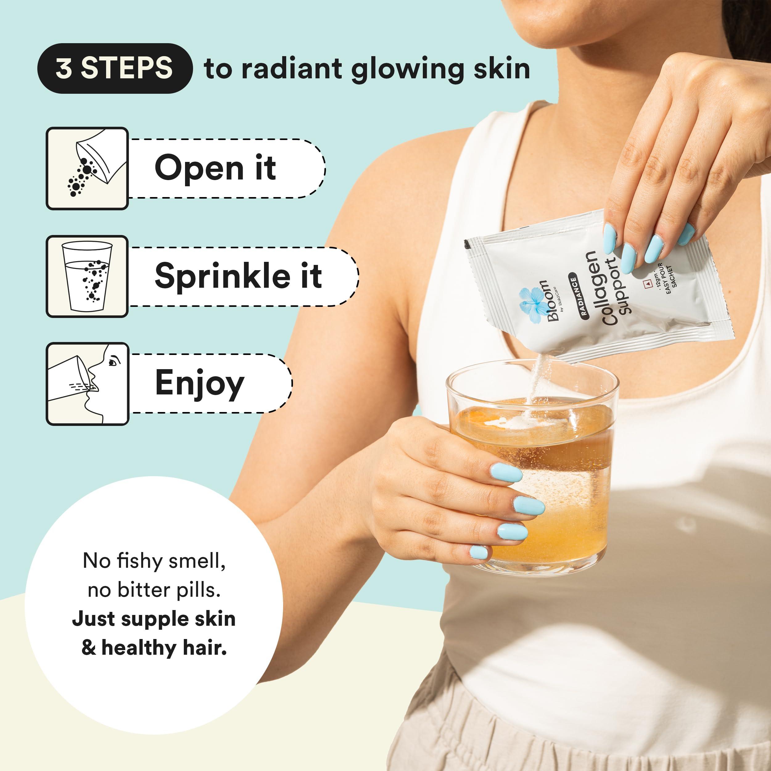 Bloom by Boldcare Bloom Collagen Powder + Antioxidants Easy Pour Sticks | 30 Easy Pour Sticks (Pack of 1) | Collagen Supplements for Women | For Skin Elasticity and Hyperpigmentation | Orange Flavour