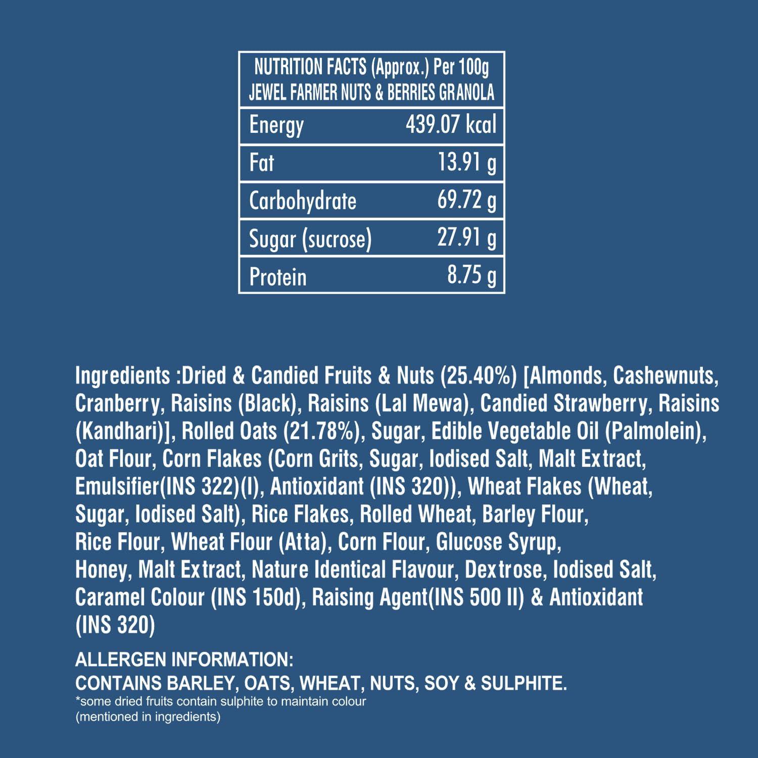 JEWEL FARMER Jewel Farmer Oat Bunches Nuts & Berries Crunchy Granola 200 gm With Oats, Multigrains | No Preservative | Vegan & Plant Based | High in Fibre & Protein | Breakfast Cereal Can Be Consumed As Muesli