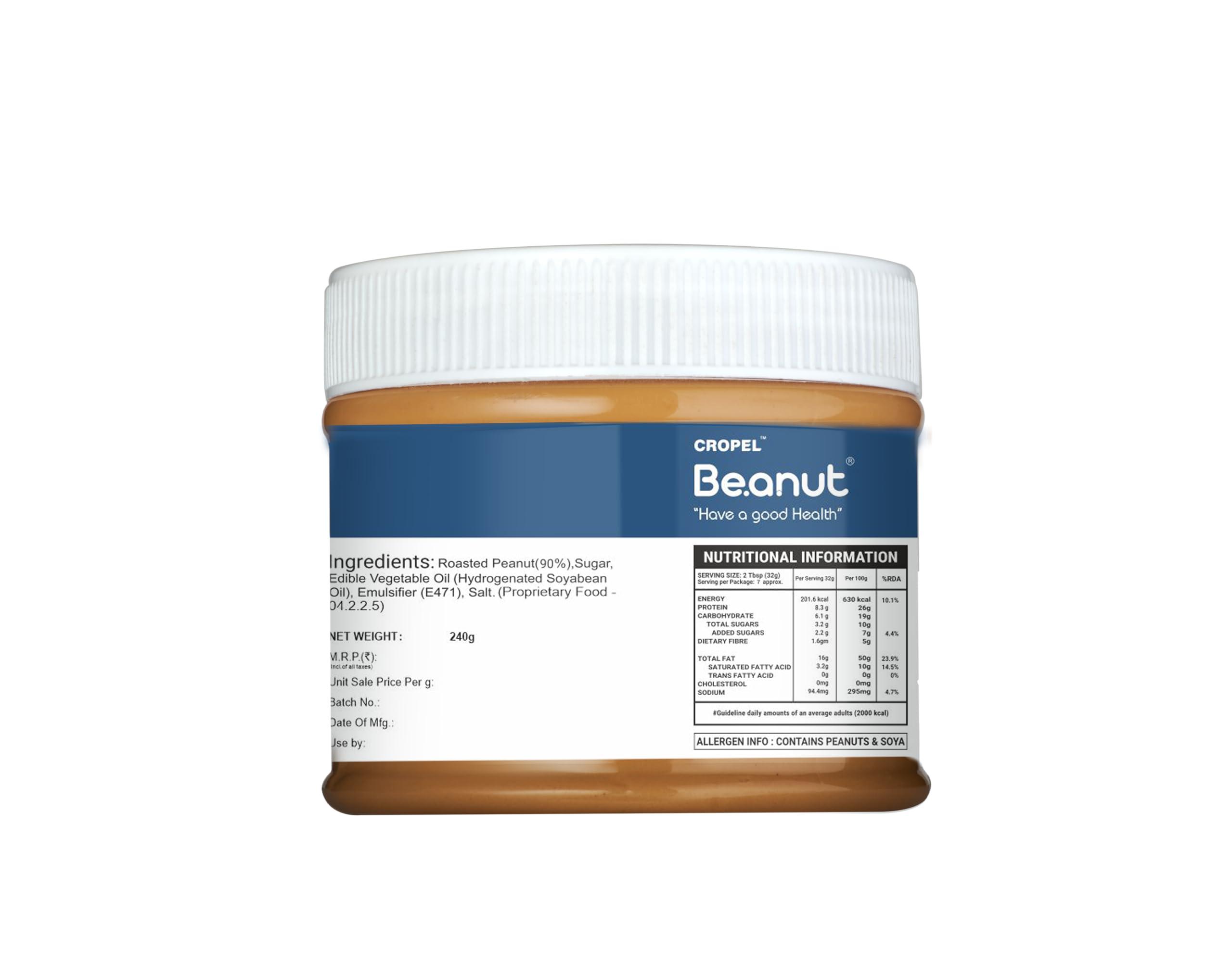 Beanut Beanut Peanut Butter Creamy From Real Roasted Pressed Protein, Non GMO, Gluten Free, Free Gym, Cholesterol & Vegan, Exercise Gym Daily Energetic - (240g, Pack of 1)