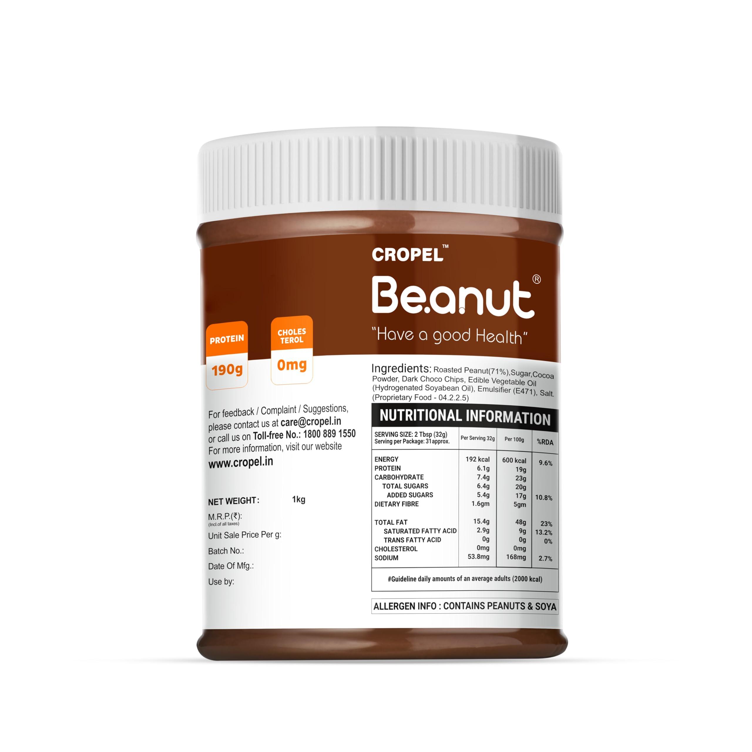 Beanut Beanut Chocolate Peanut Butter Creamy - 1kg | Classic Peanut Butter with Rich Fiber | Non-GMO, Gluten Free, Vegan & Cholesterol Free